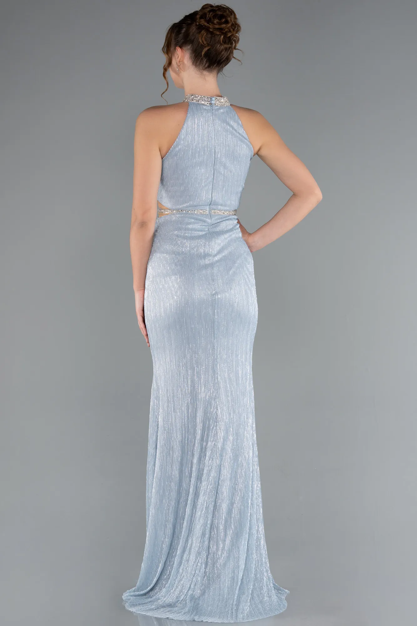 Ice Blue-Halter Neck Slit Long Evening Gown ABU4324