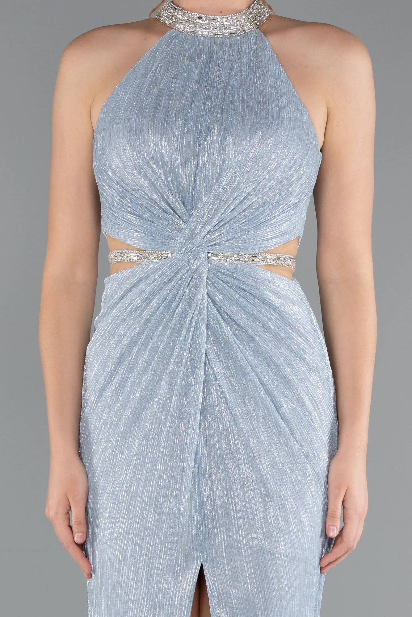Ice Blue-Halter Neck Slit Long Evening Gown ABU4324
