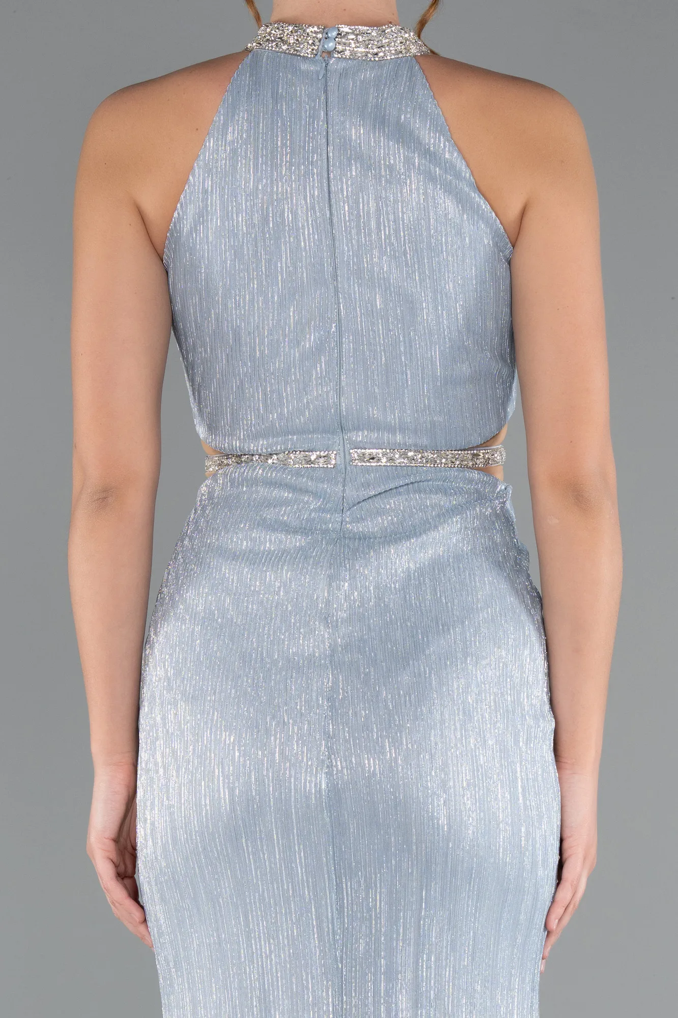 Ice Blue-Halter Neck Slit Long Evening Gown ABU4324