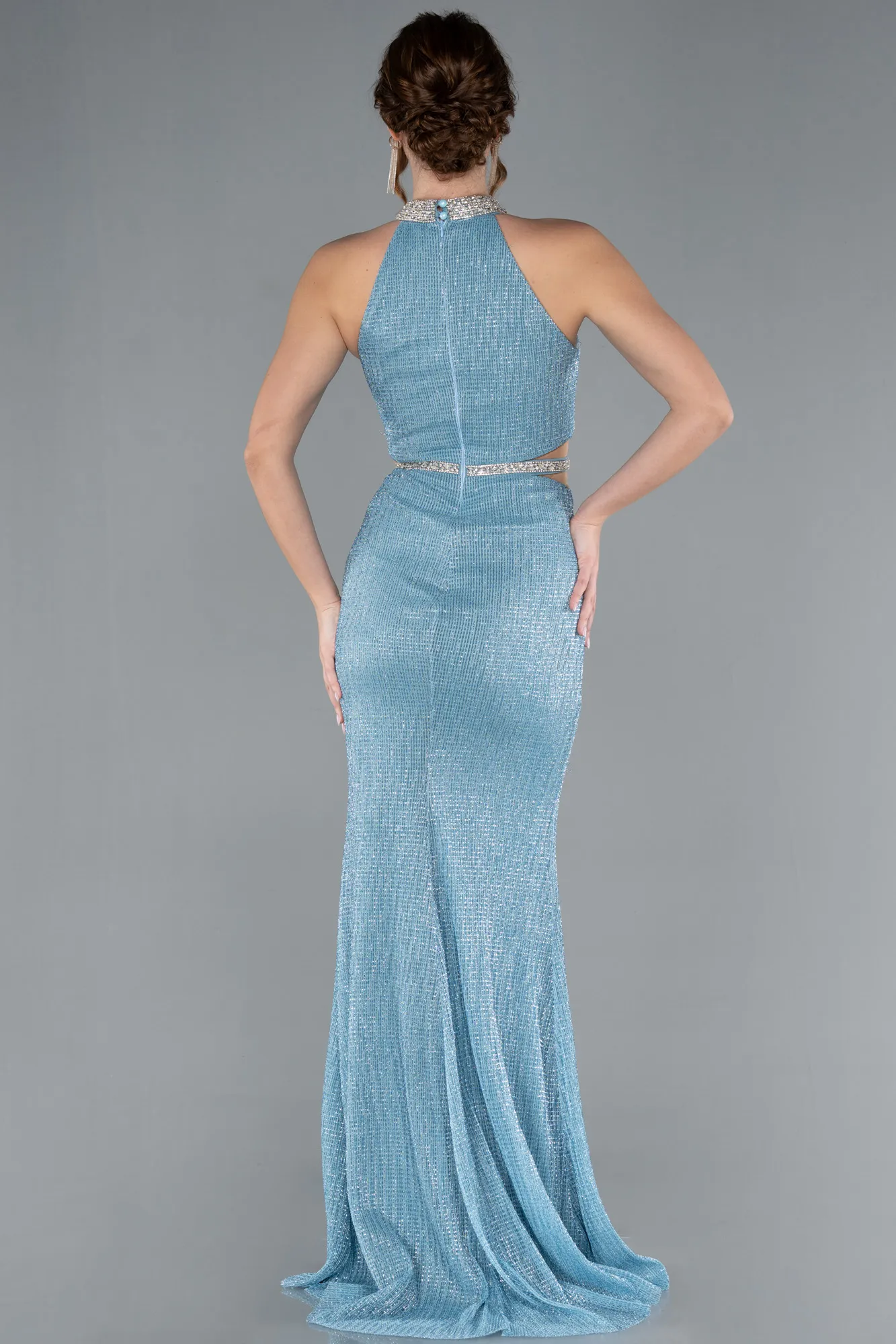 Ice Blue-Halter Neck Slit Long Glitter Mermaid Evening Gown ABU4766