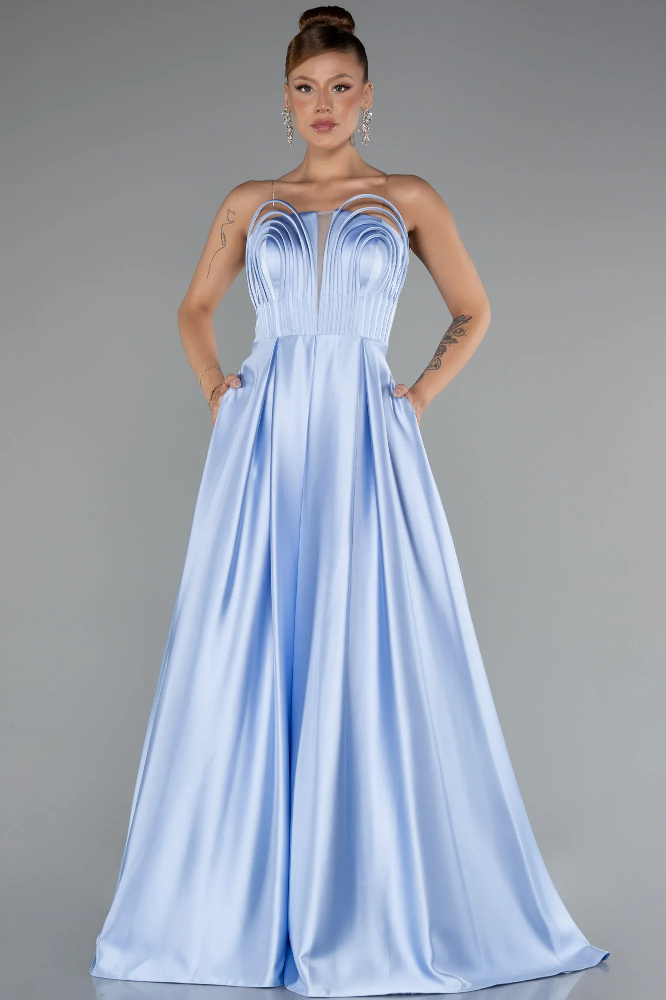 Ice Blue-Long Satin Prom Gown ABU5105