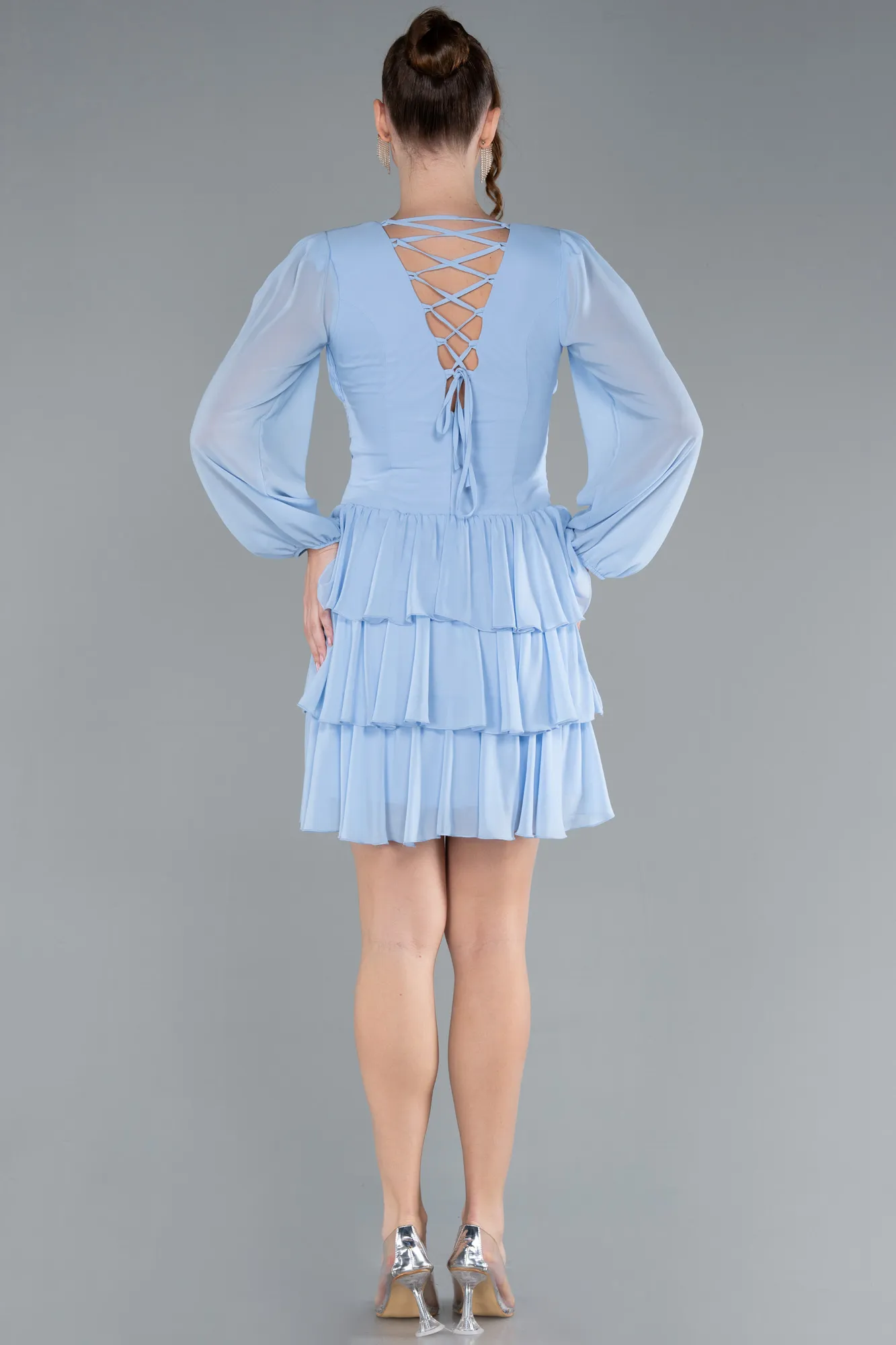 Ice Blue-Long Sleeve V Neck Chiffon Short Cocktail Dress ABK2281