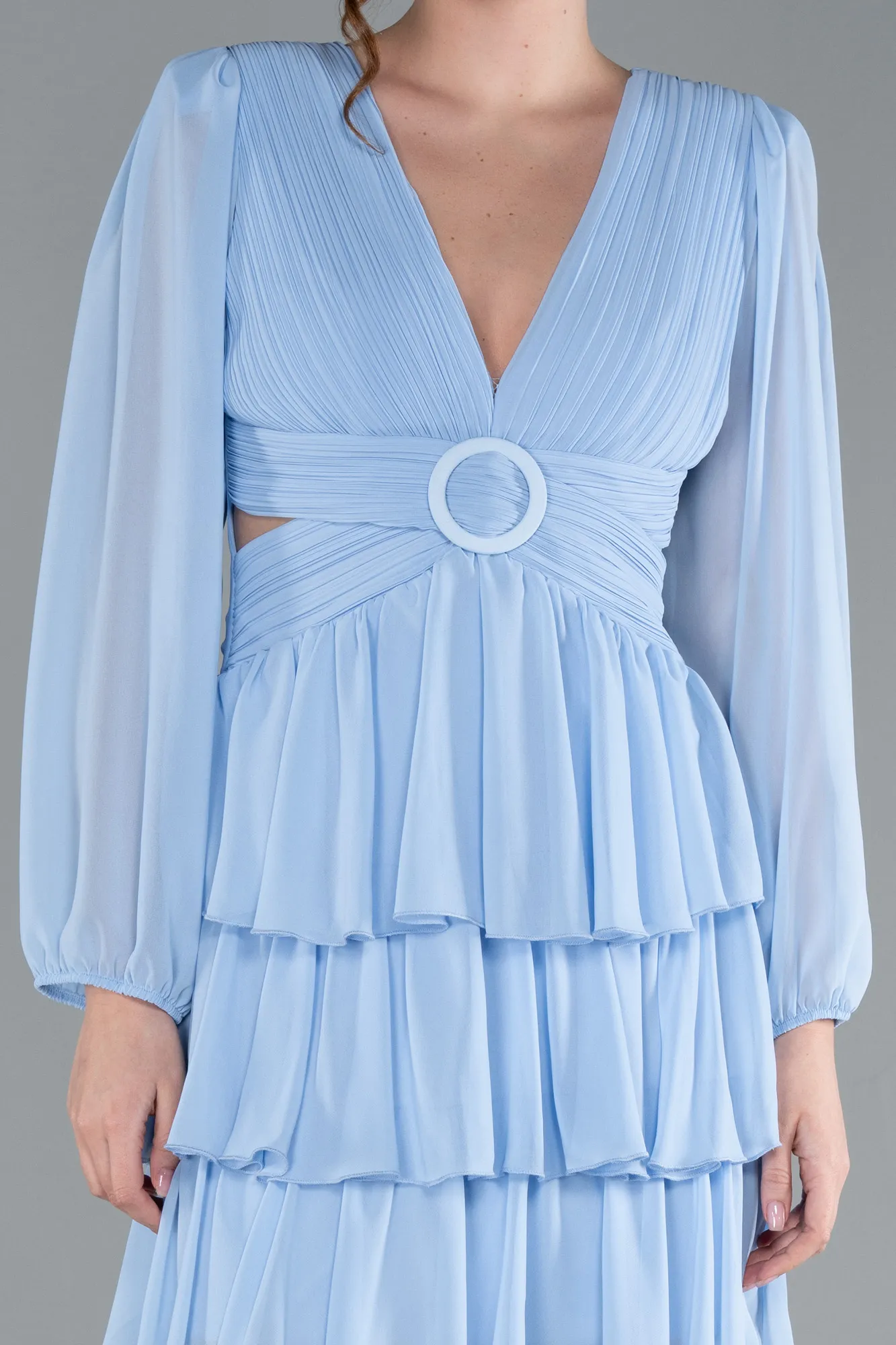Ice Blue-Long Sleeve V Neck Chiffon Short Cocktail Dress ABK2281