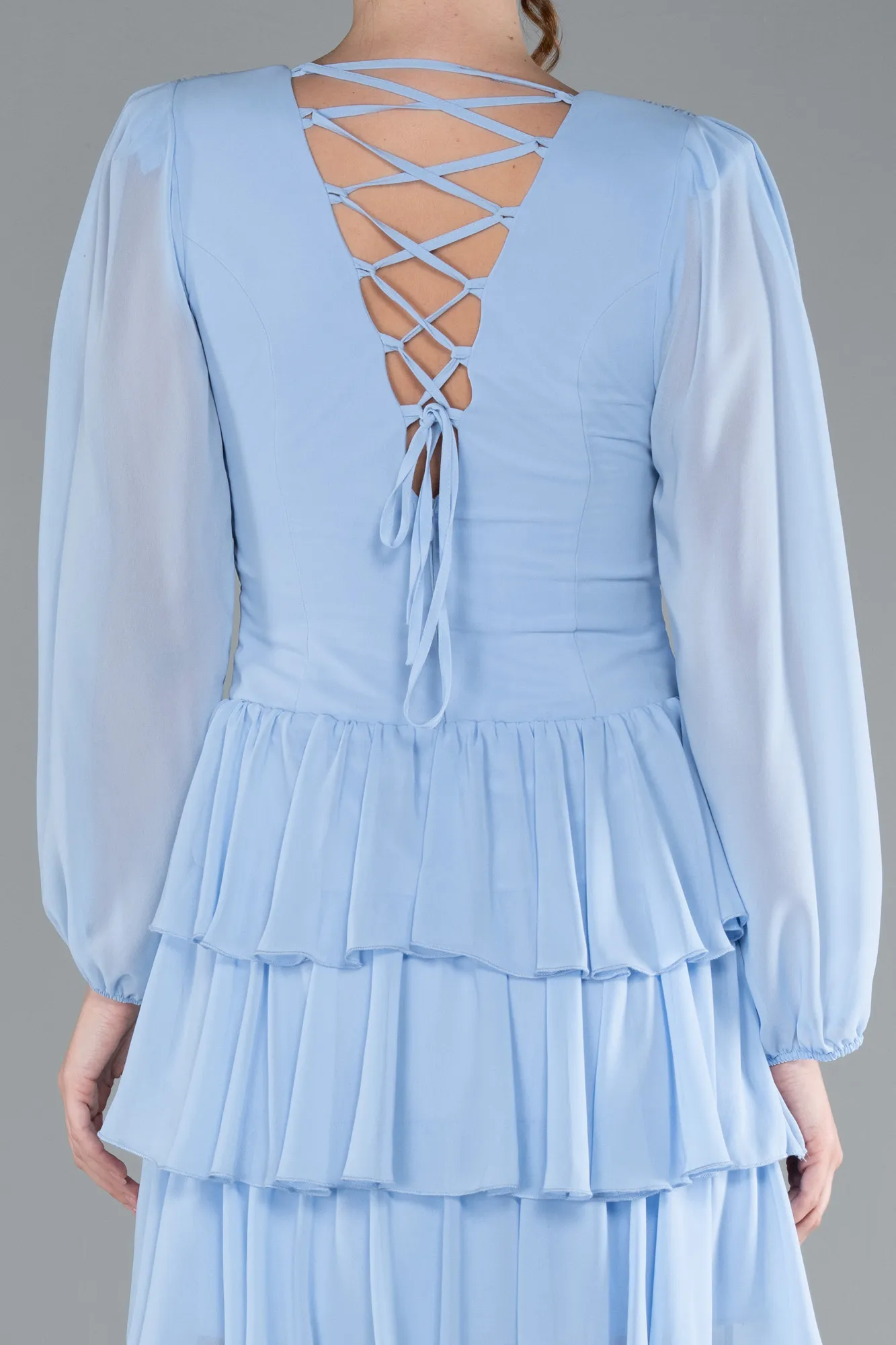 Ice Blue-Long Sleeve V Neck Chiffon Short Cocktail Dress ABK2281