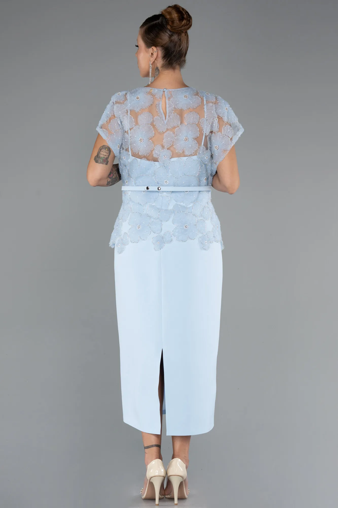 Ice Blue-Midi Dantelle Plus Size White Prom Dress ABK2448