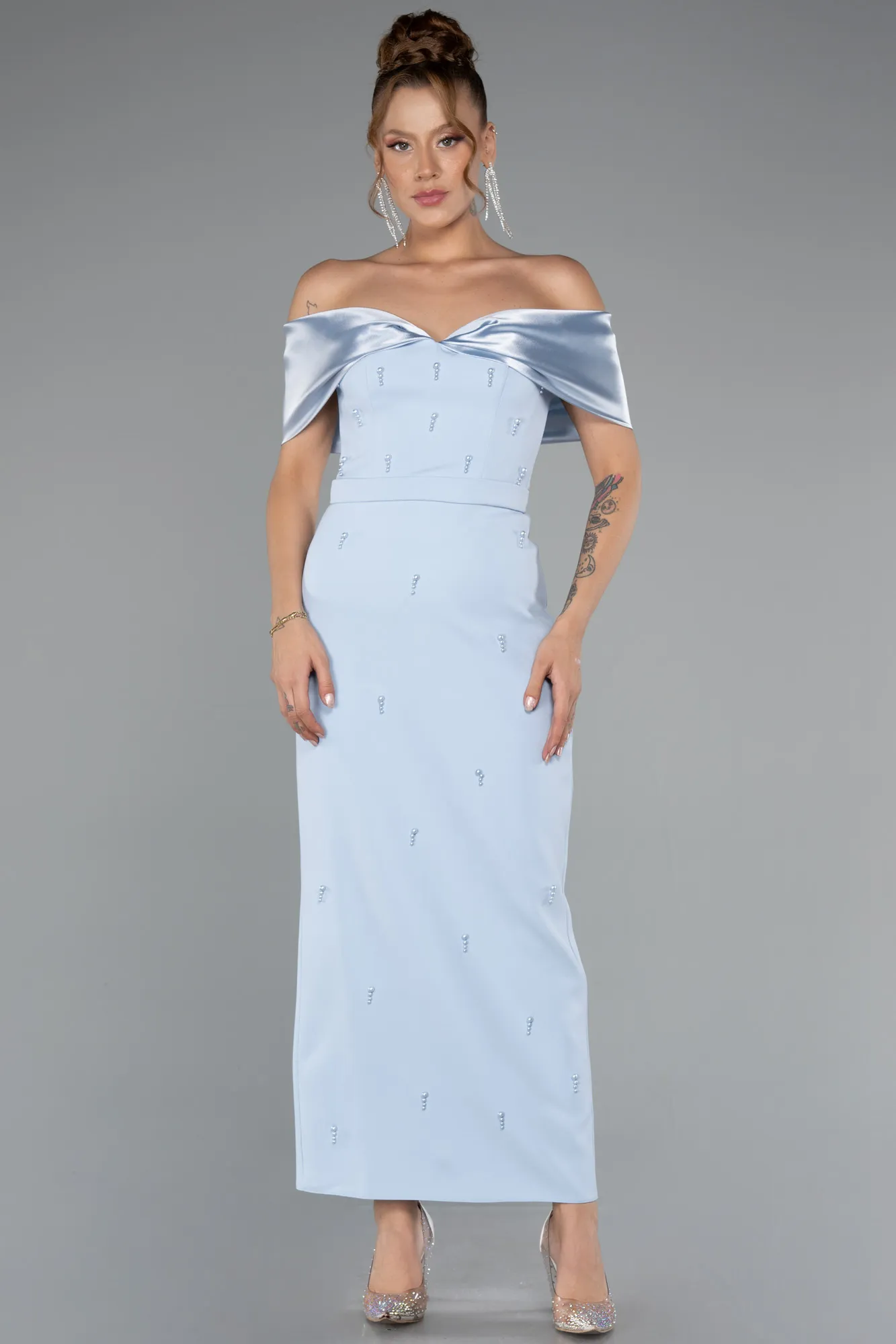 Ice Blue-Satin Boat Neck Stone Midi Evening Dress ABK2212
