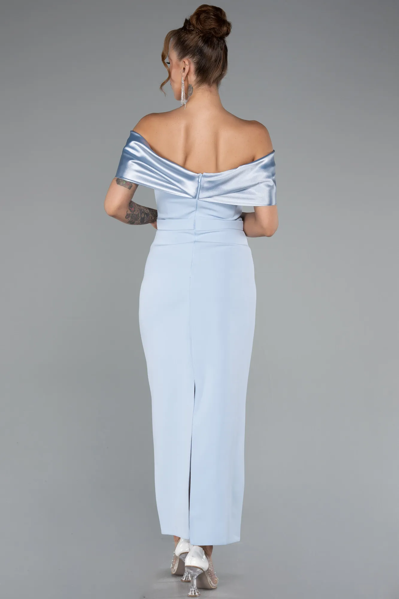 Ice Blue-Satin Boat Neck Stone Midi Evening Dress ABK2212