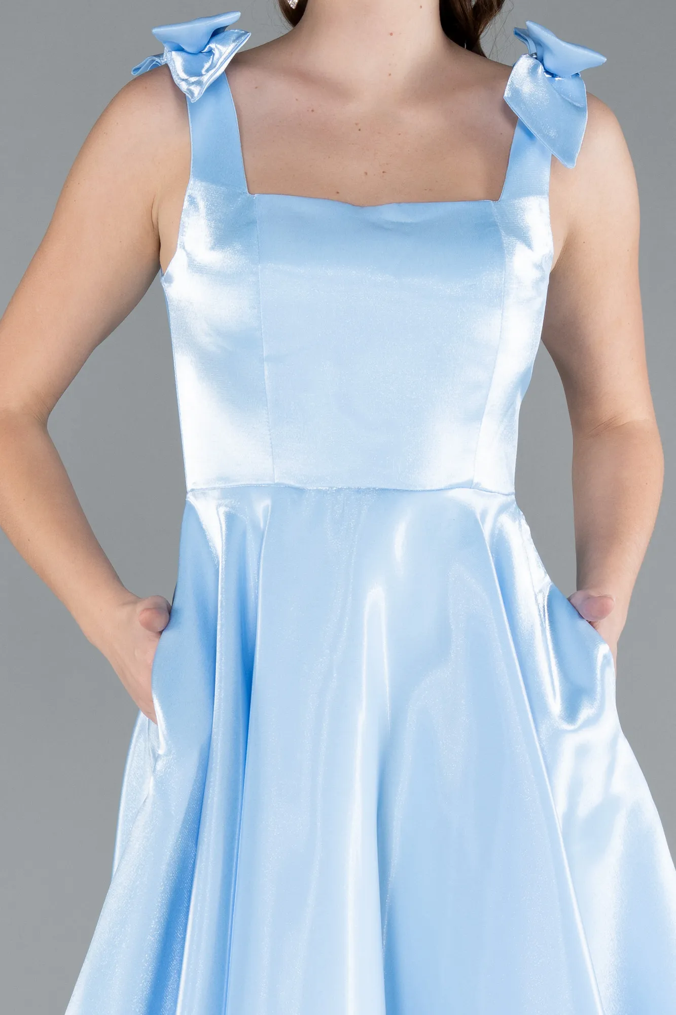 Ice Blue-Sleeveless Square Neck Midi Satin Party Dress ABK2285