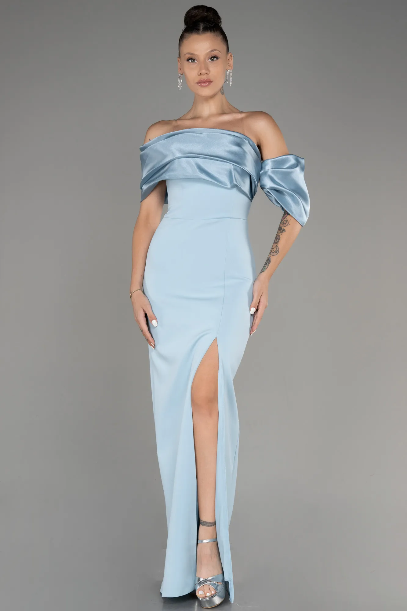 Ice Blue-Off Shoulder Satin Drape Slit Evening Gown ABU4024