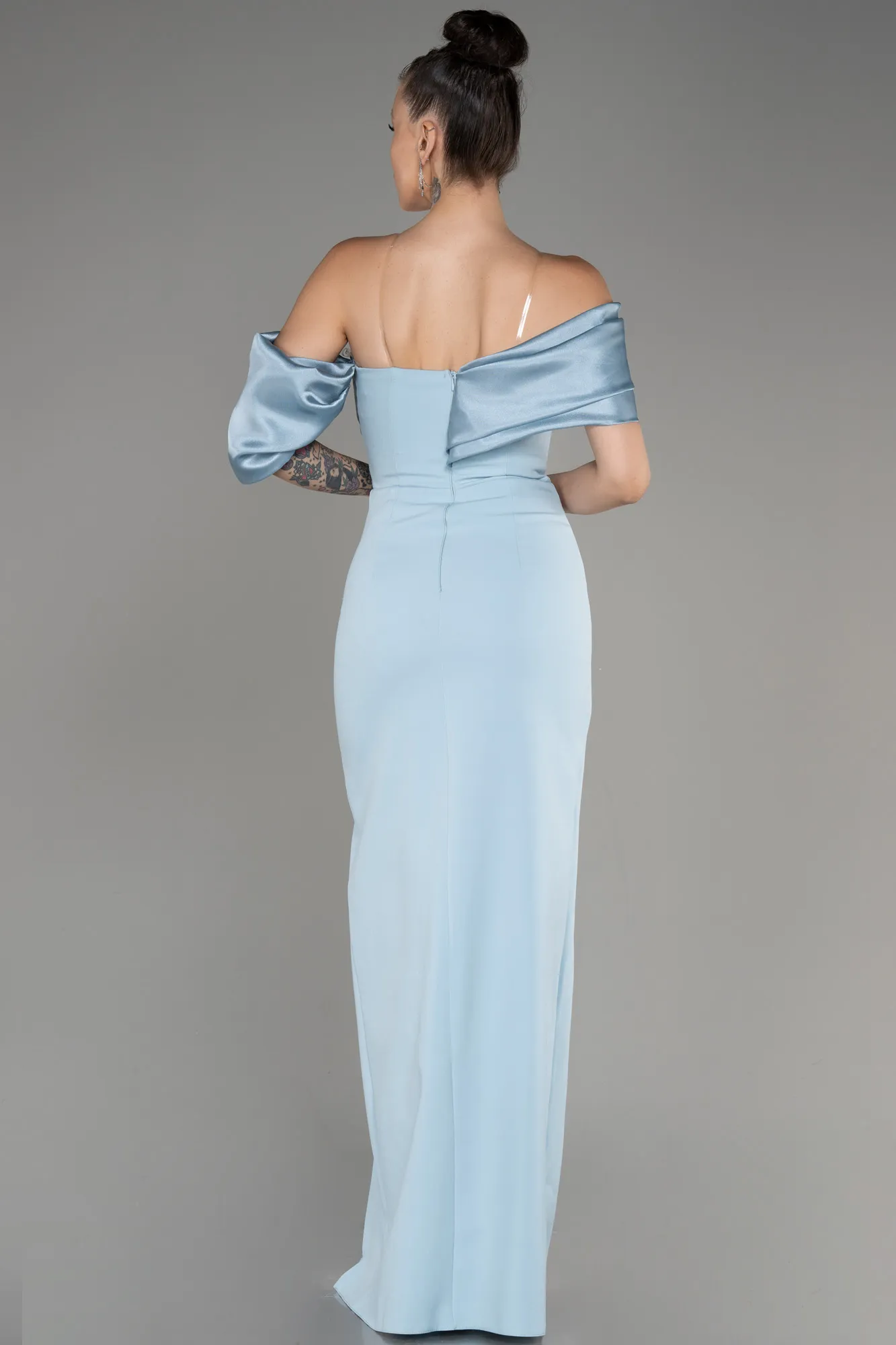Ice Blue-Off Shoulder Satin Drape Slit Evening Gown ABU4024