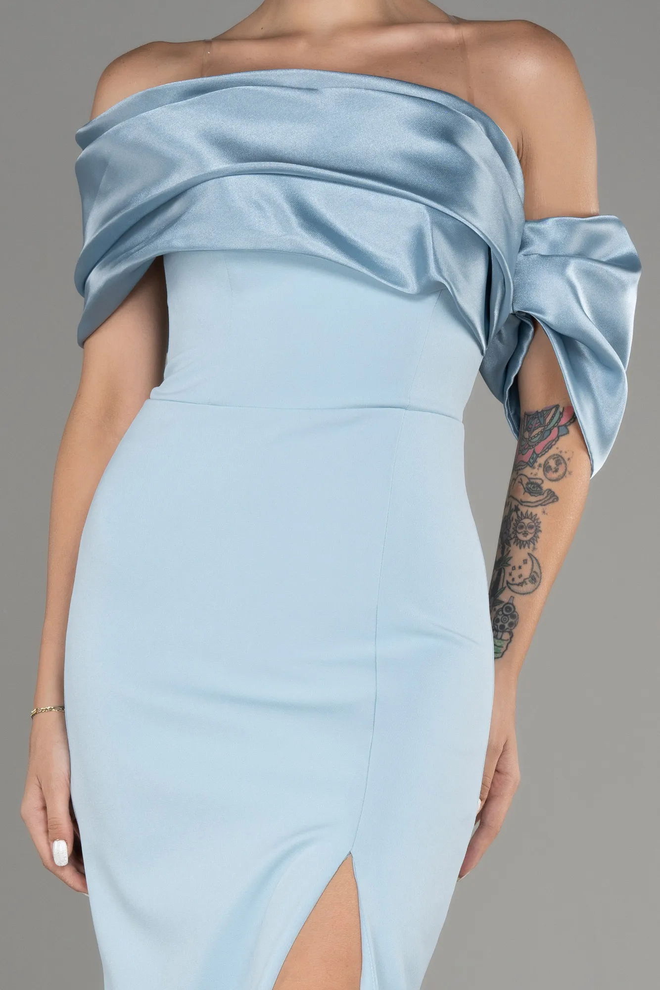 Ice Blue-Off Shoulder Satin Drape Slit Evening Gown ABU4024