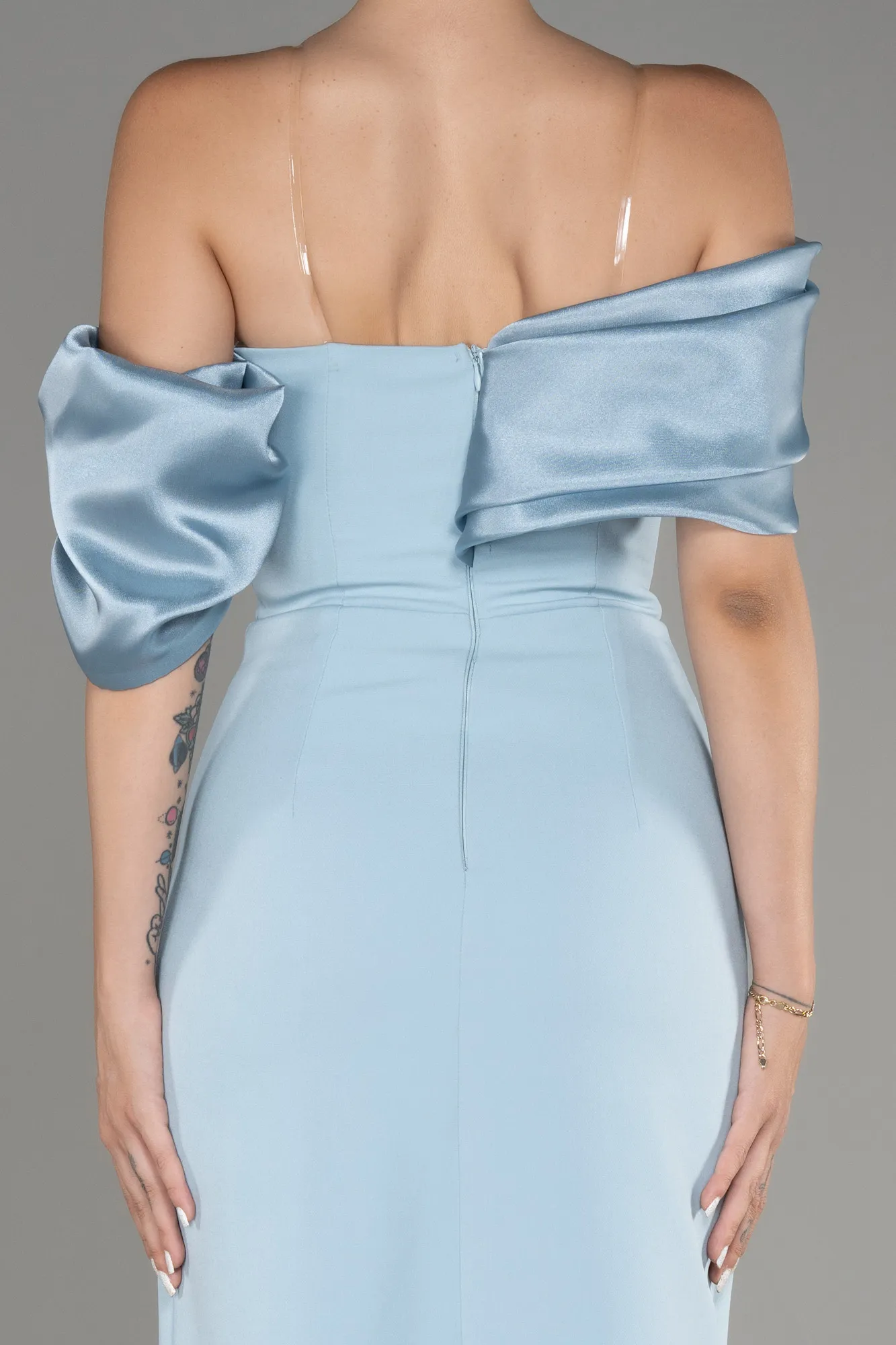 Ice Blue-Off Shoulder Satin Drape Slit Evening Gown ABU4024