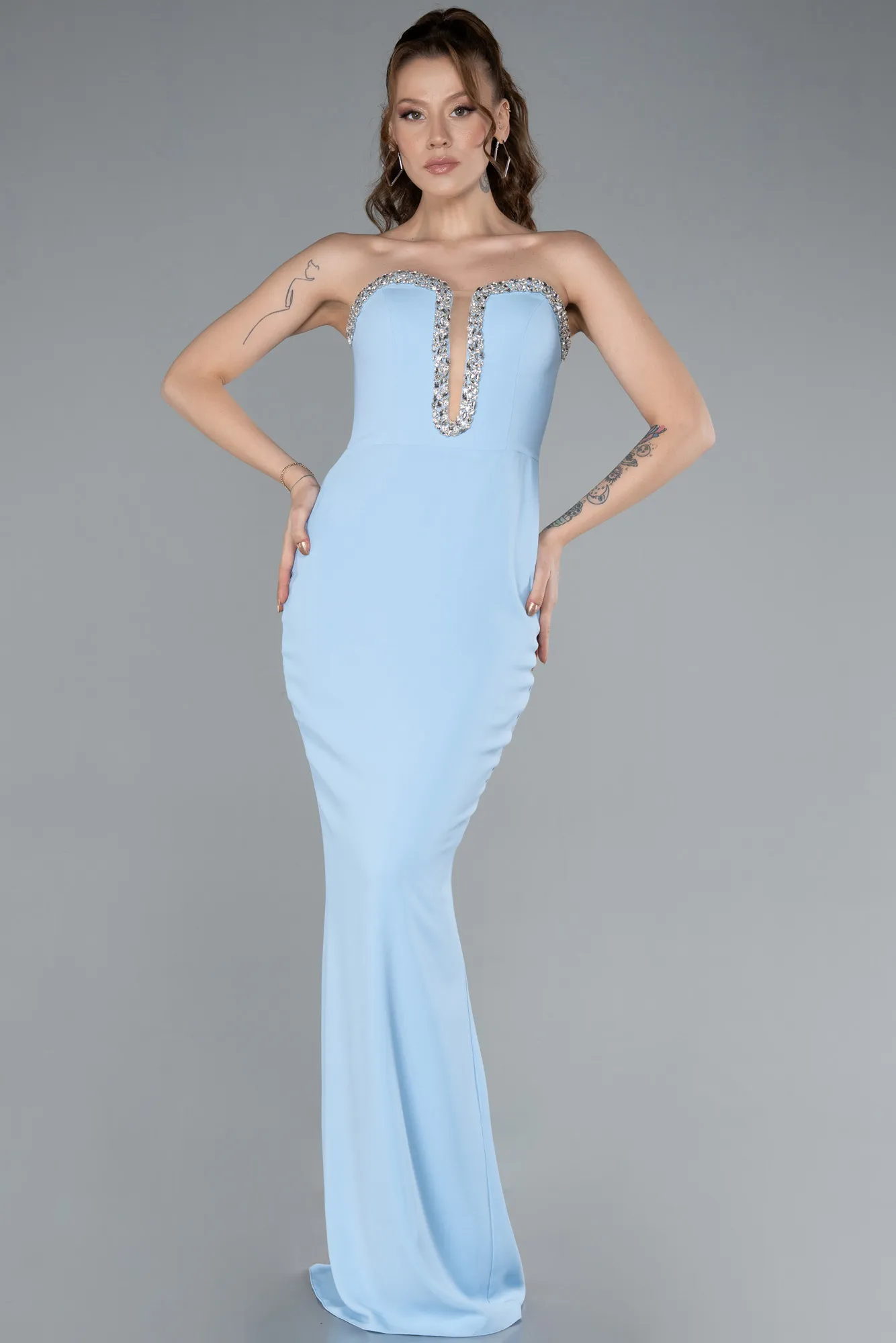 Ice Blue-Stoned Strapless Neck Long Mermaid Evening Gown ABU4687