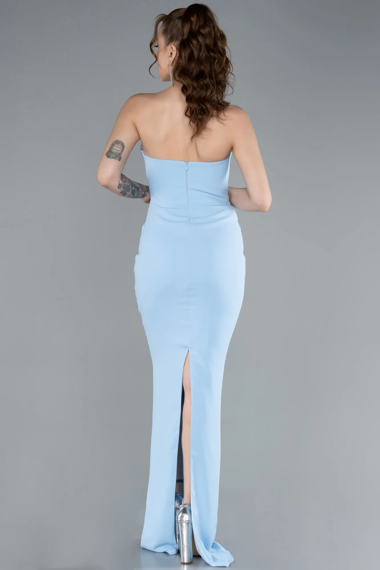 Ice Blue-Stoned Strapless Neck Long Mermaid Evening Gown ABU4687