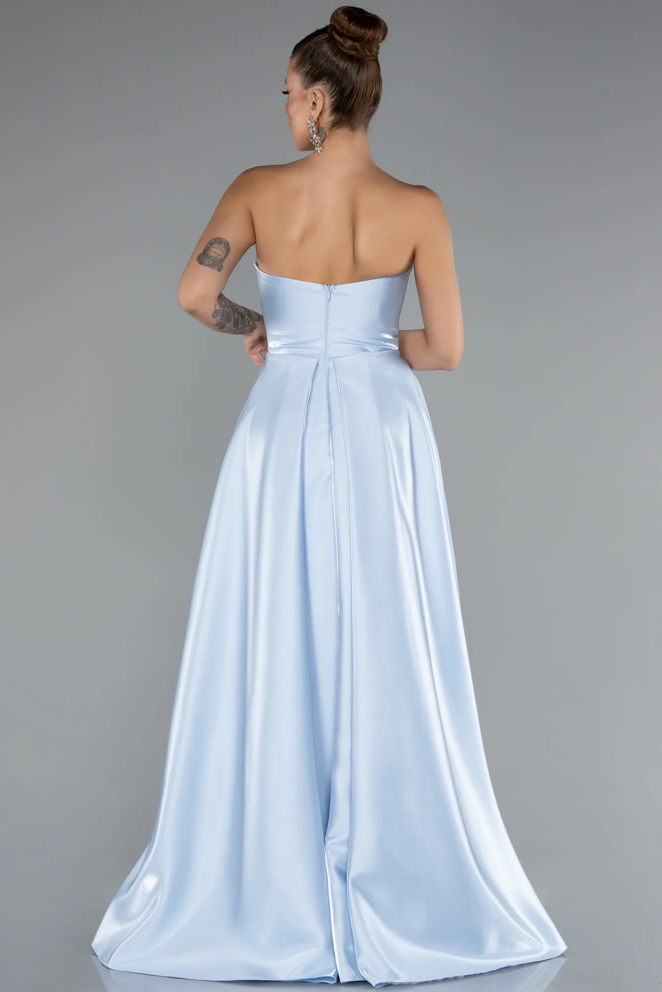 Ice Blue-Stoned Strapless Sleeve Accessory Long Taffeta Evening Dress ABU4846