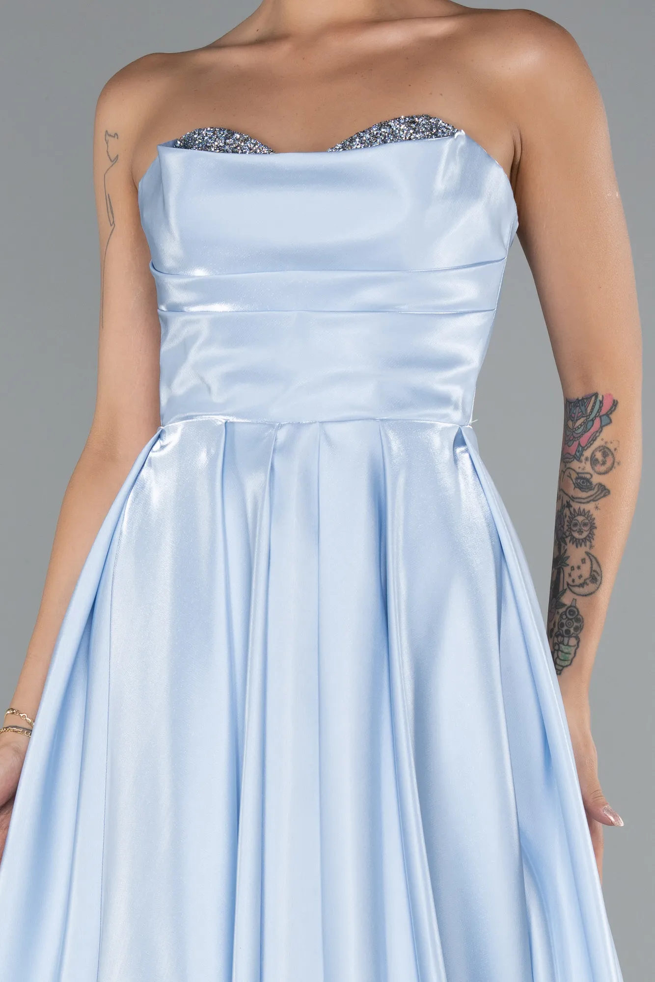 Ice Blue-Stoned Strapless Sleeve Accessory Long Taffeta Evening Dress ABU4846
