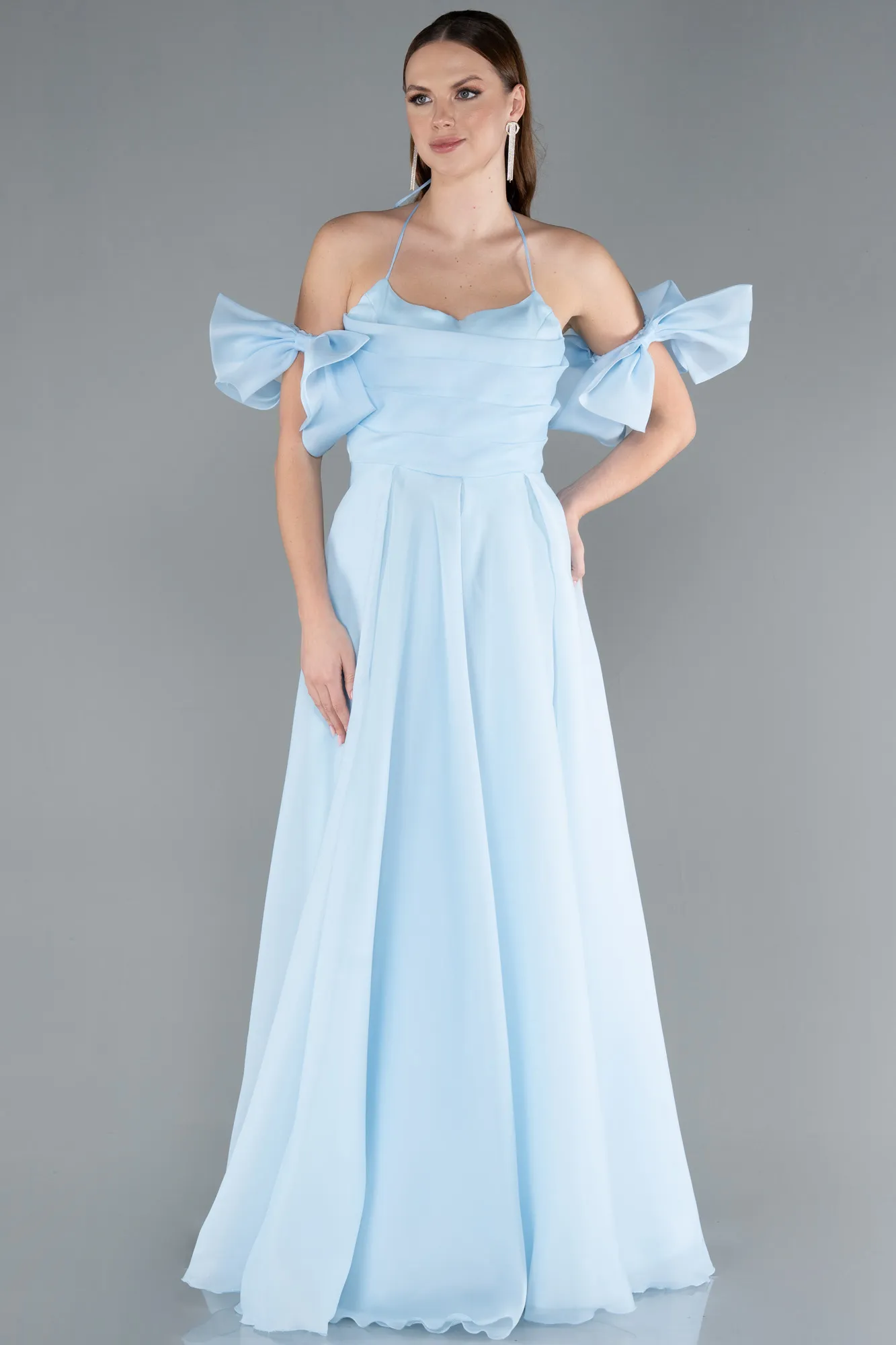 Ice Blue-Strap Puff Sleeve Detail Long Prom Dress ABU4773