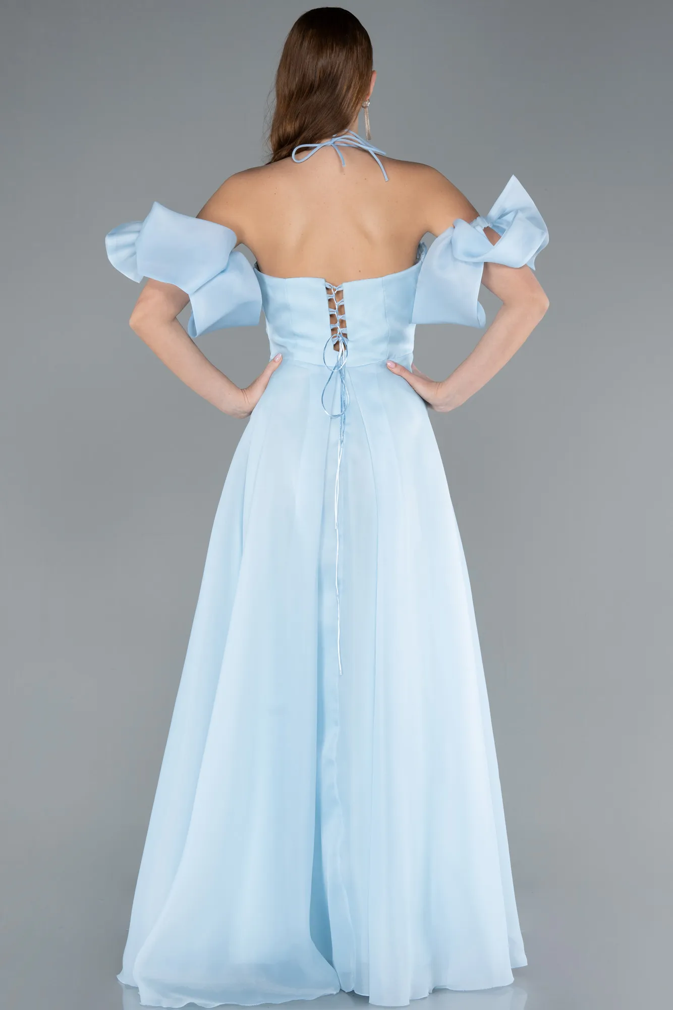 Ice Blue-Strap Puff Sleeve Detail Long Prom Dress ABU4773