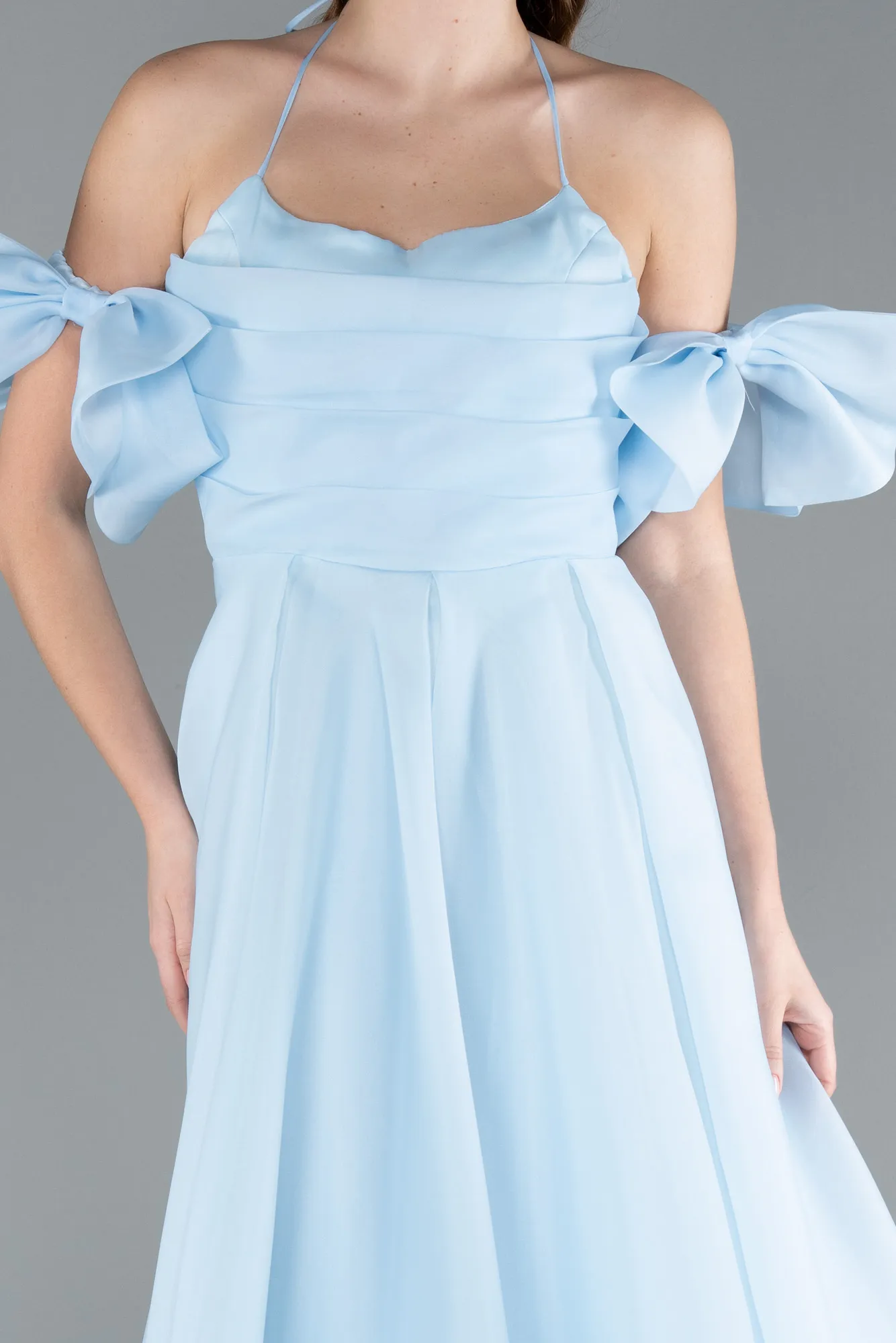 Ice Blue-Strap Puff Sleeve Detail Long Prom Dress ABU4773