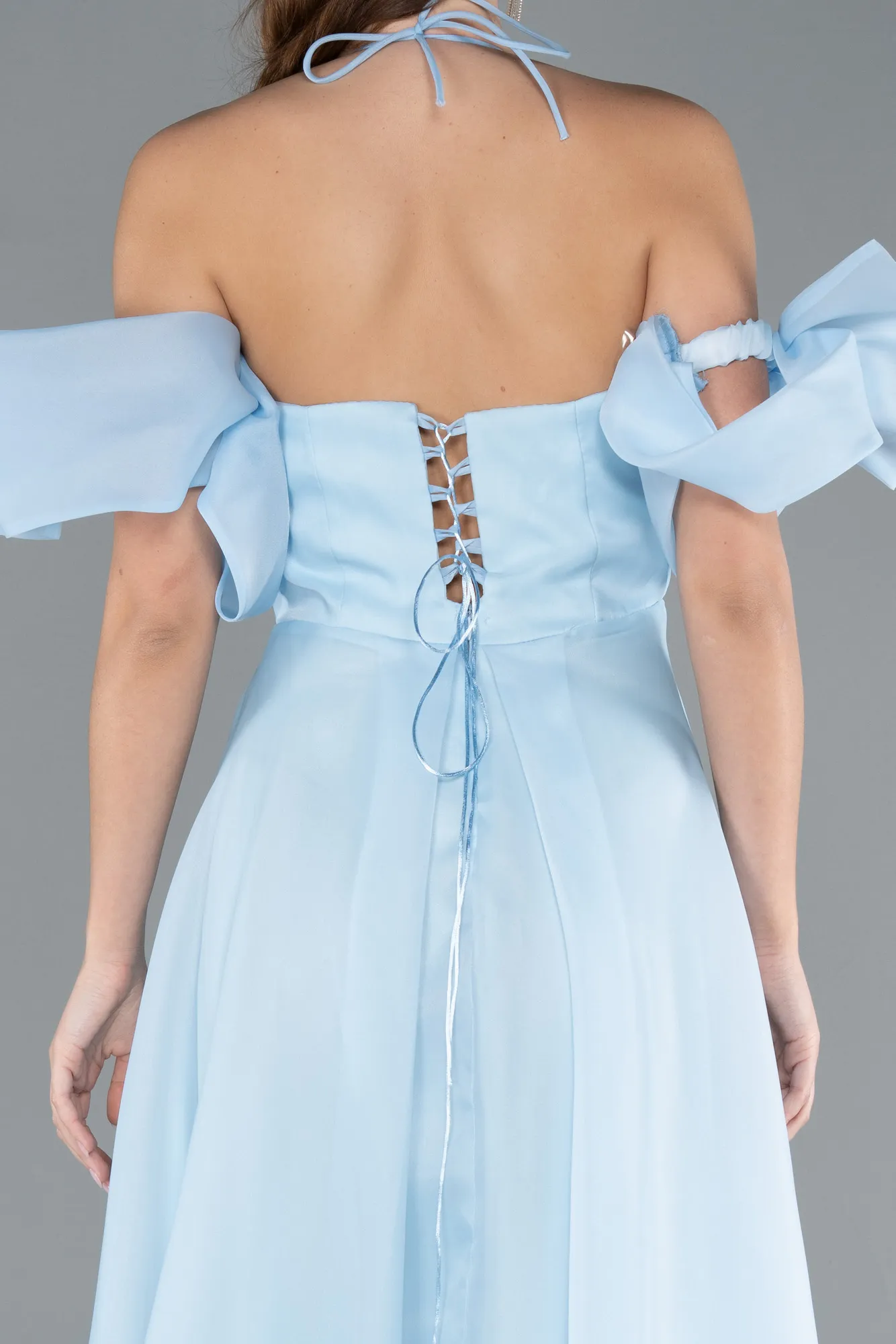 Ice Blue-Strap Puff Sleeve Detail Long Prom Dress ABU4773