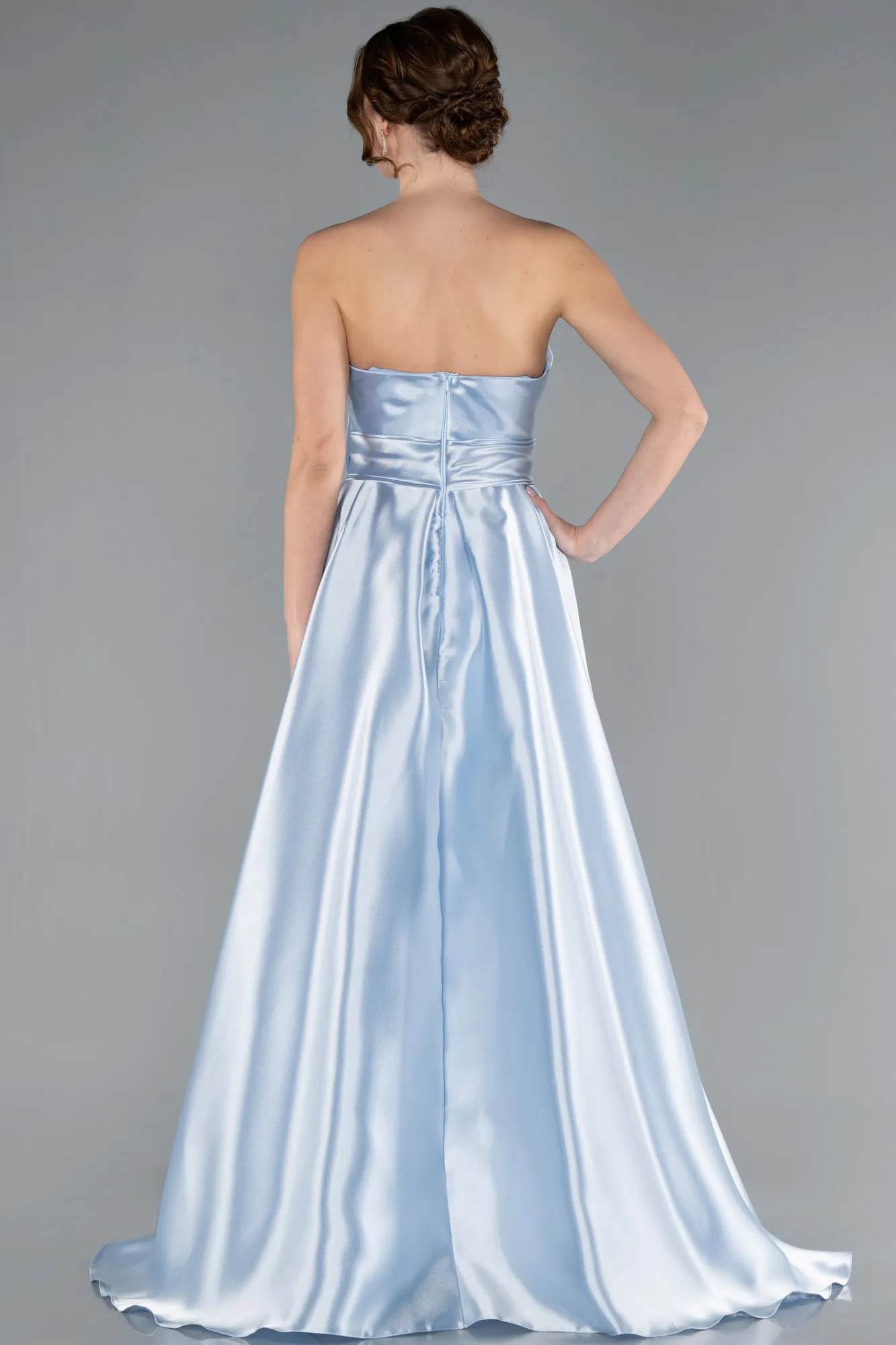 Ice Blue-Strapless High Slit Long Satin Graduation Prom Dress ABU4774