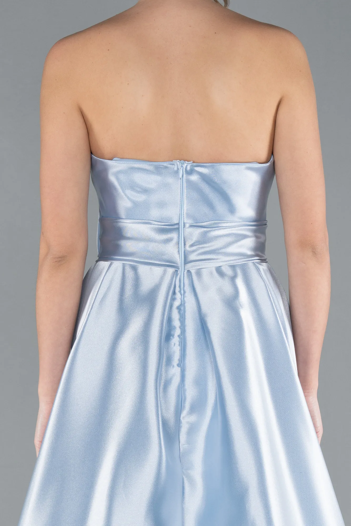 Ice Blue-Strapless High Slit Long Satin Graduation Prom Dress ABU4774