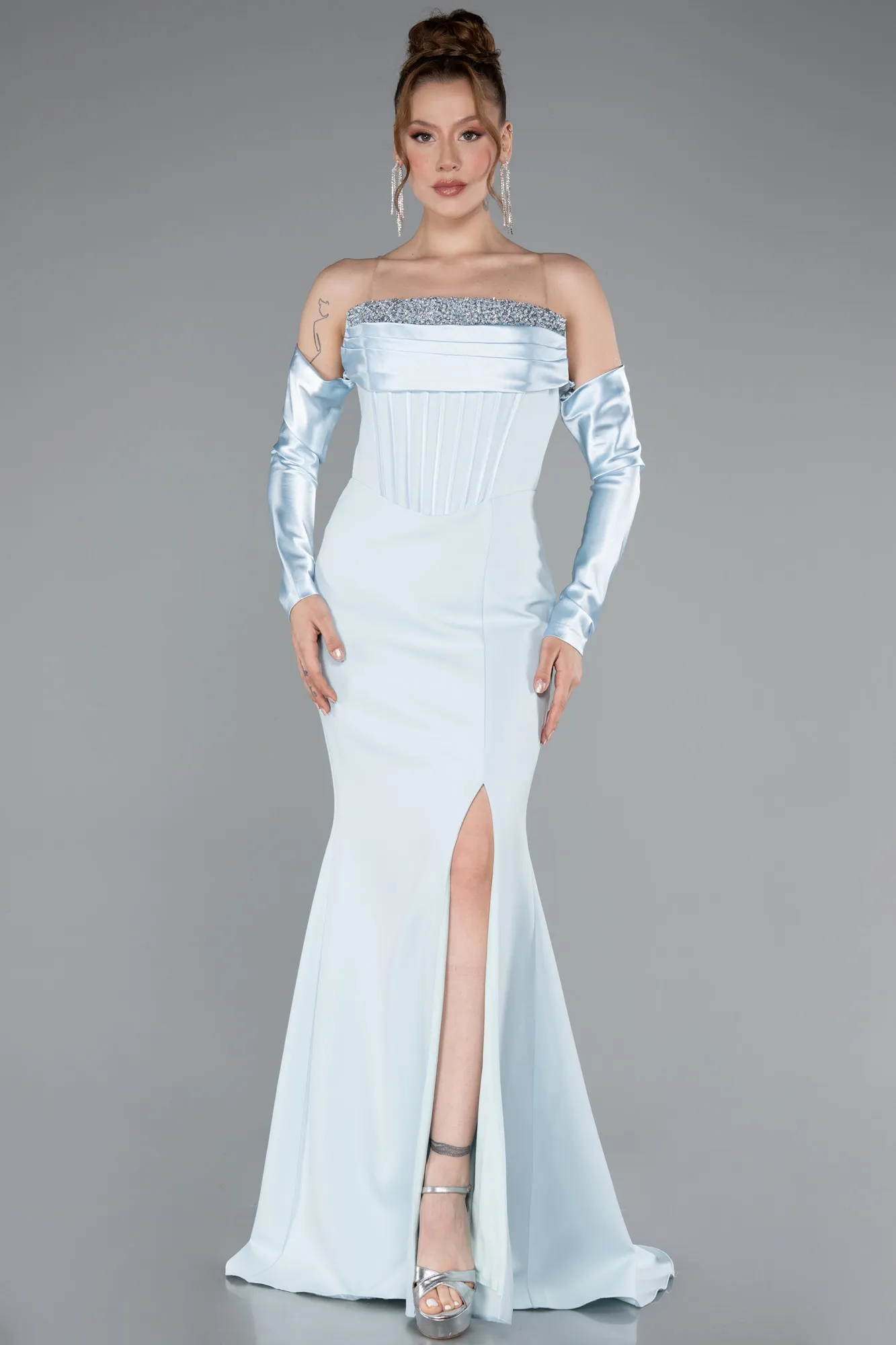 Ice Blue-Strapless Sleeve Accessory Slit Mermaid Prom Dress ABU4637