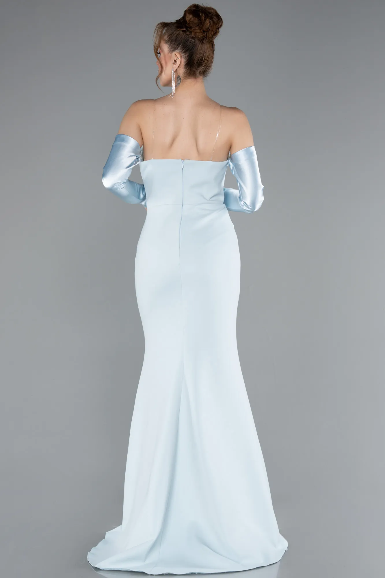 Ice Blue-Strapless Sleeve Accessory Slit Mermaid Prom Dress ABU4637