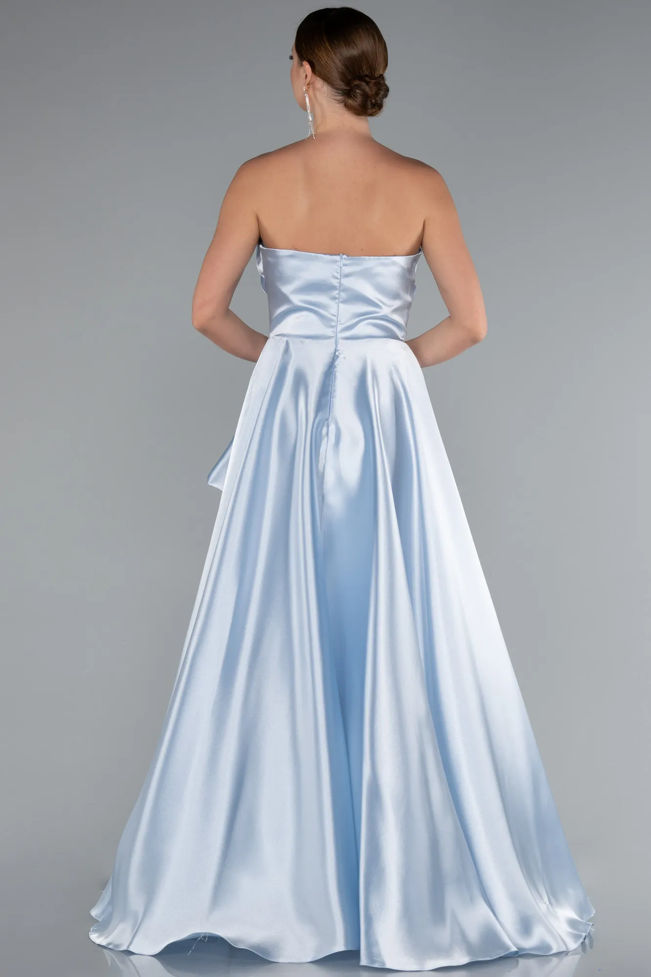Ice Blue-Strapless Slit Long Satin Prom Dress ABU4561