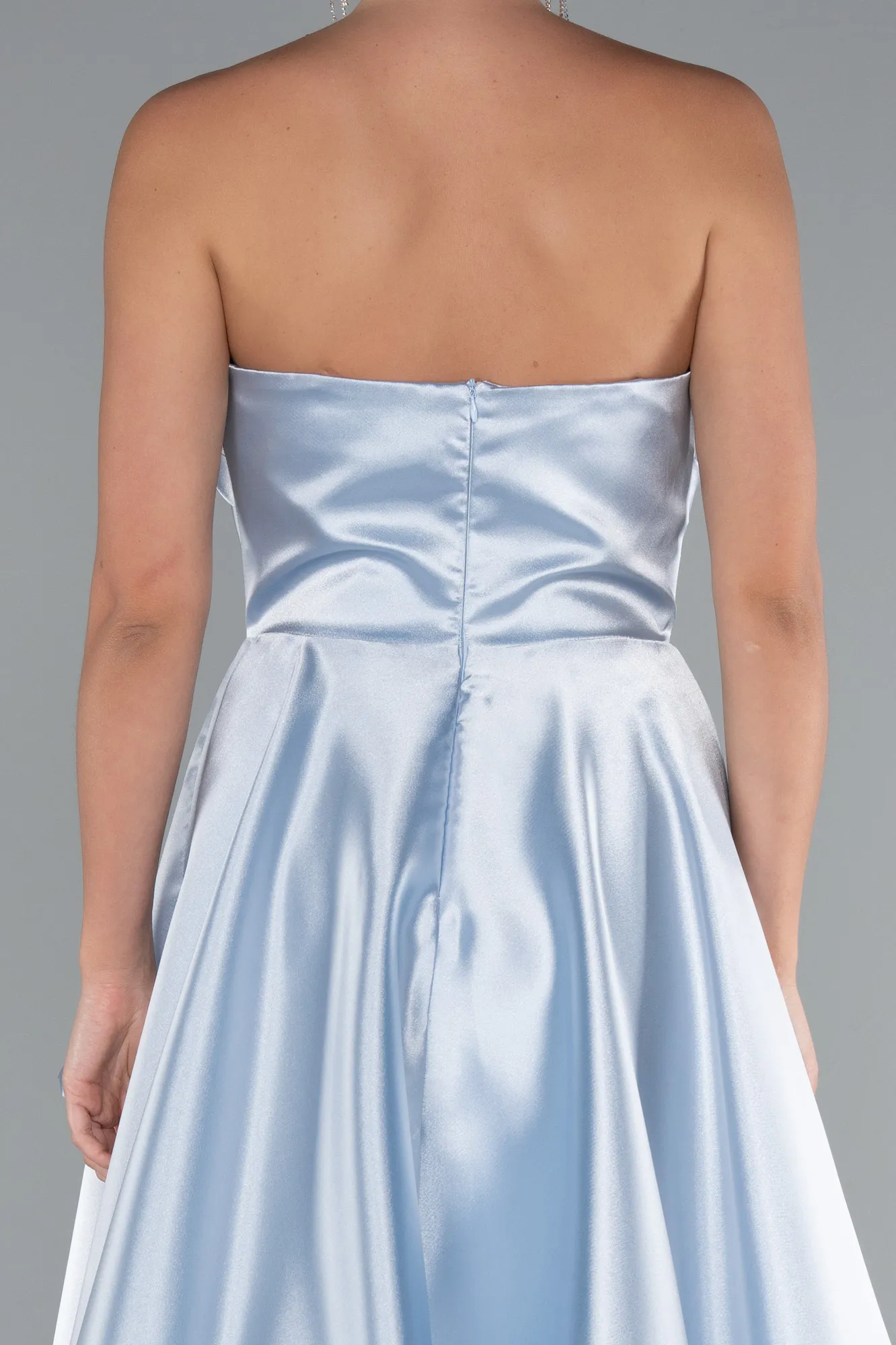 Ice Blue-Strapless Slit Long Satin Prom Dress ABU4561