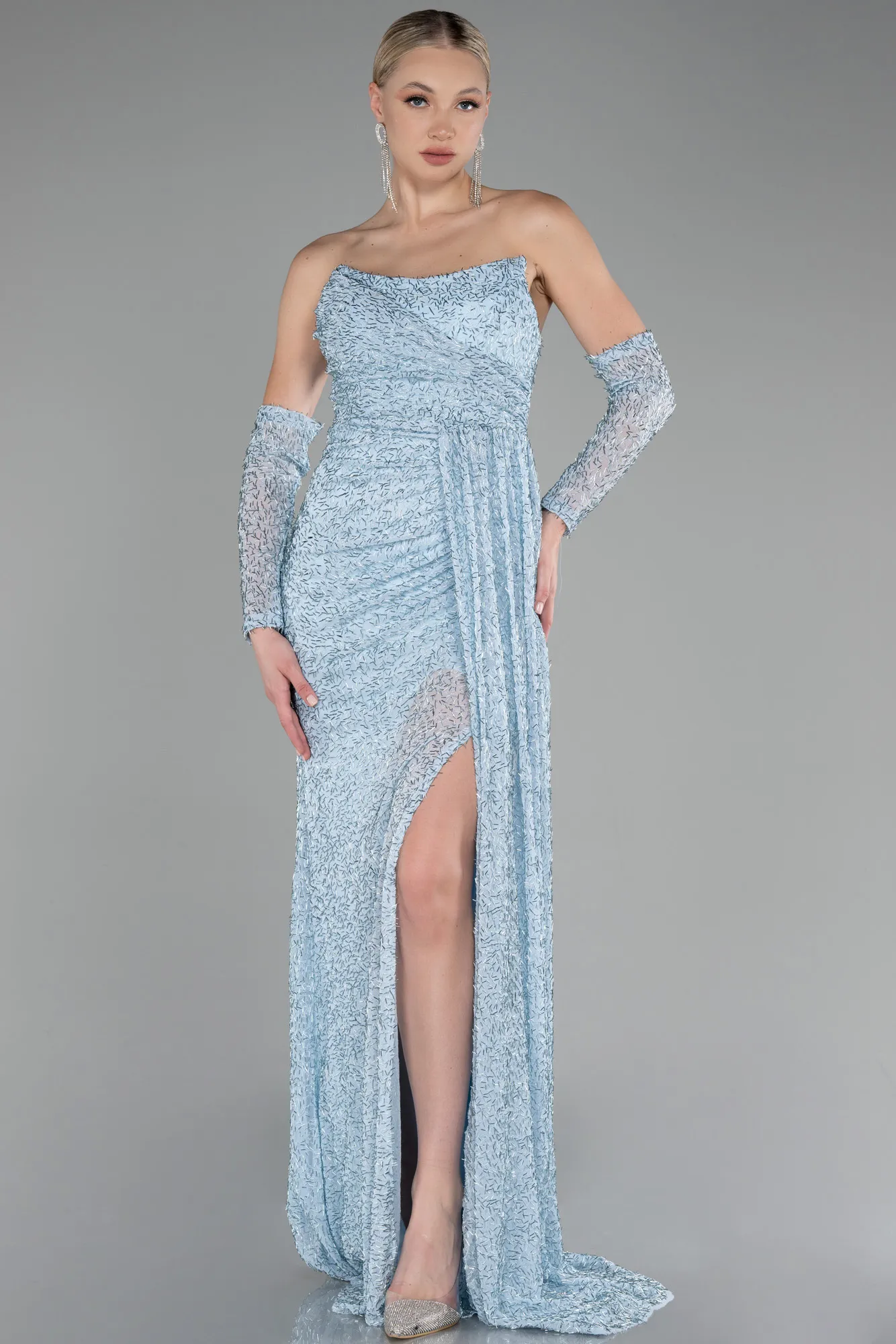 Ice Blue-Strapless Stony Long Slit Prom Gown ABU4163
