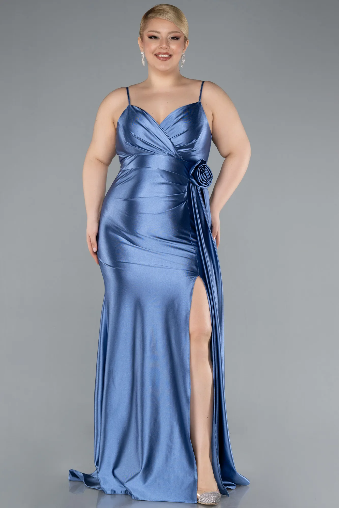 Indigo-Back And Leg Cleavage Long Satin Plus Size Prom Gown ABU4815