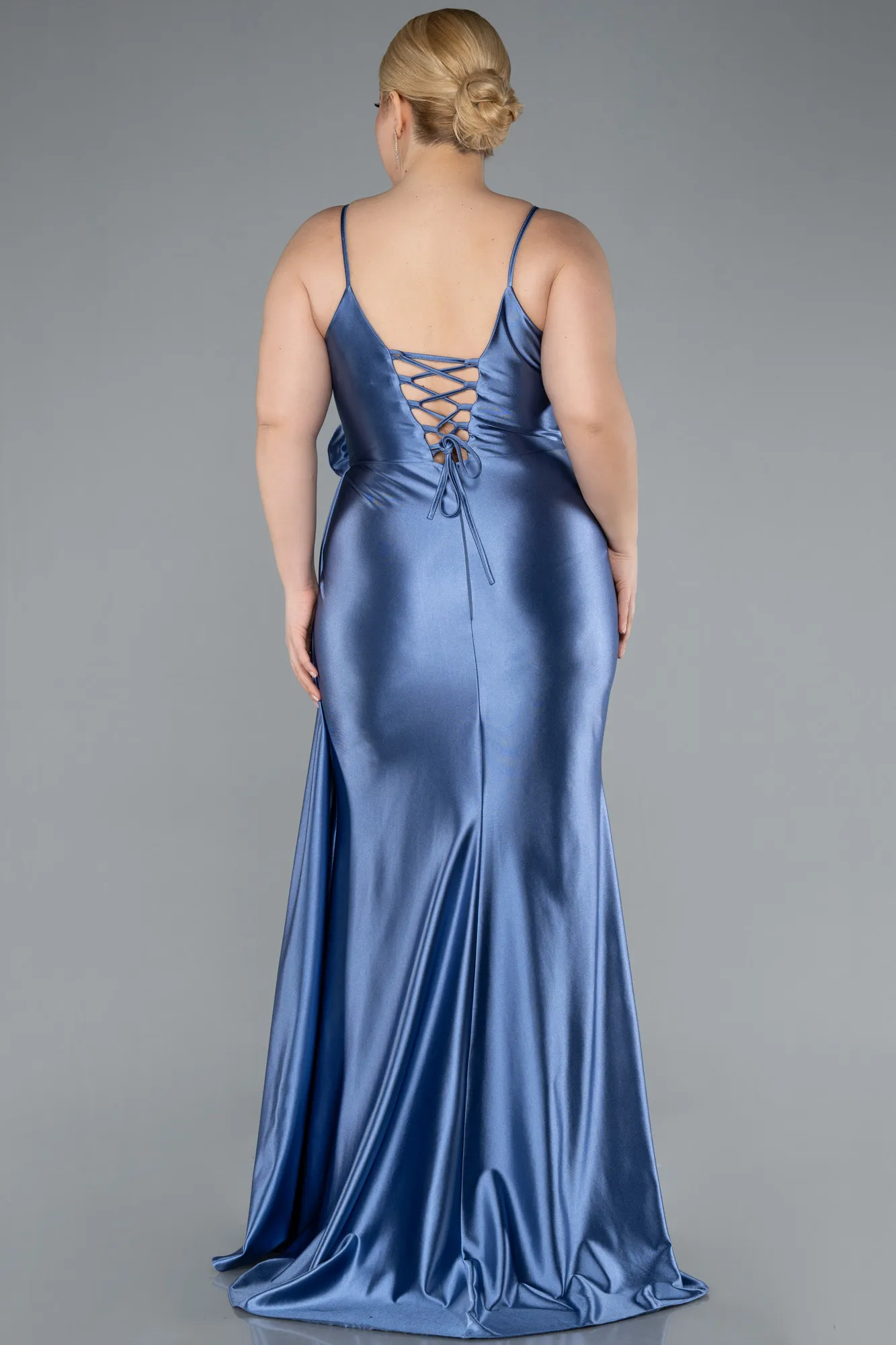 Indigo-Back And Leg Cleavage Long Satin Plus Size Prom Gown ABU4815