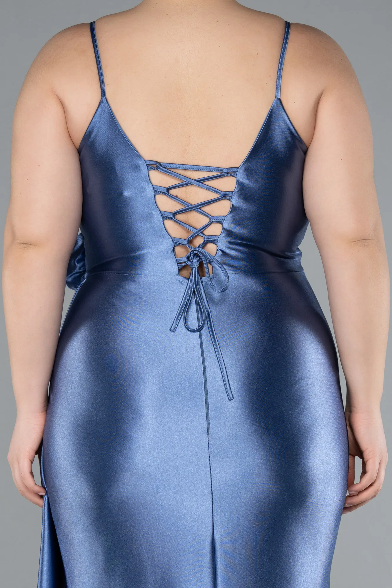 Indigo-Back And Leg Cleavage Long Satin Plus Size Prom Gown ABU4815