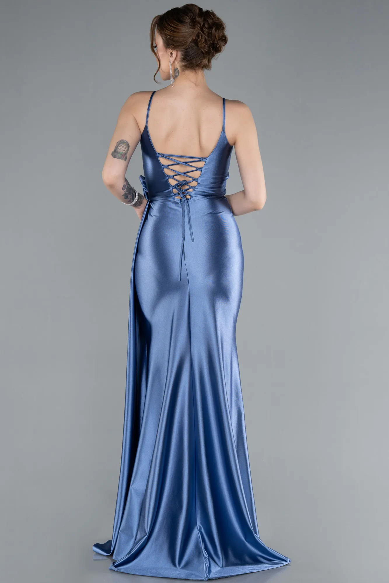 Indigo-Back And Leg Cleavage Long Satin Prom Gown ABU4814
