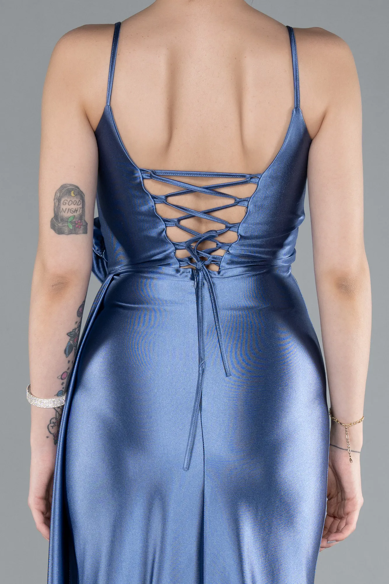 Indigo-Back And Leg Cleavage Long Satin Prom Gown ABU4814