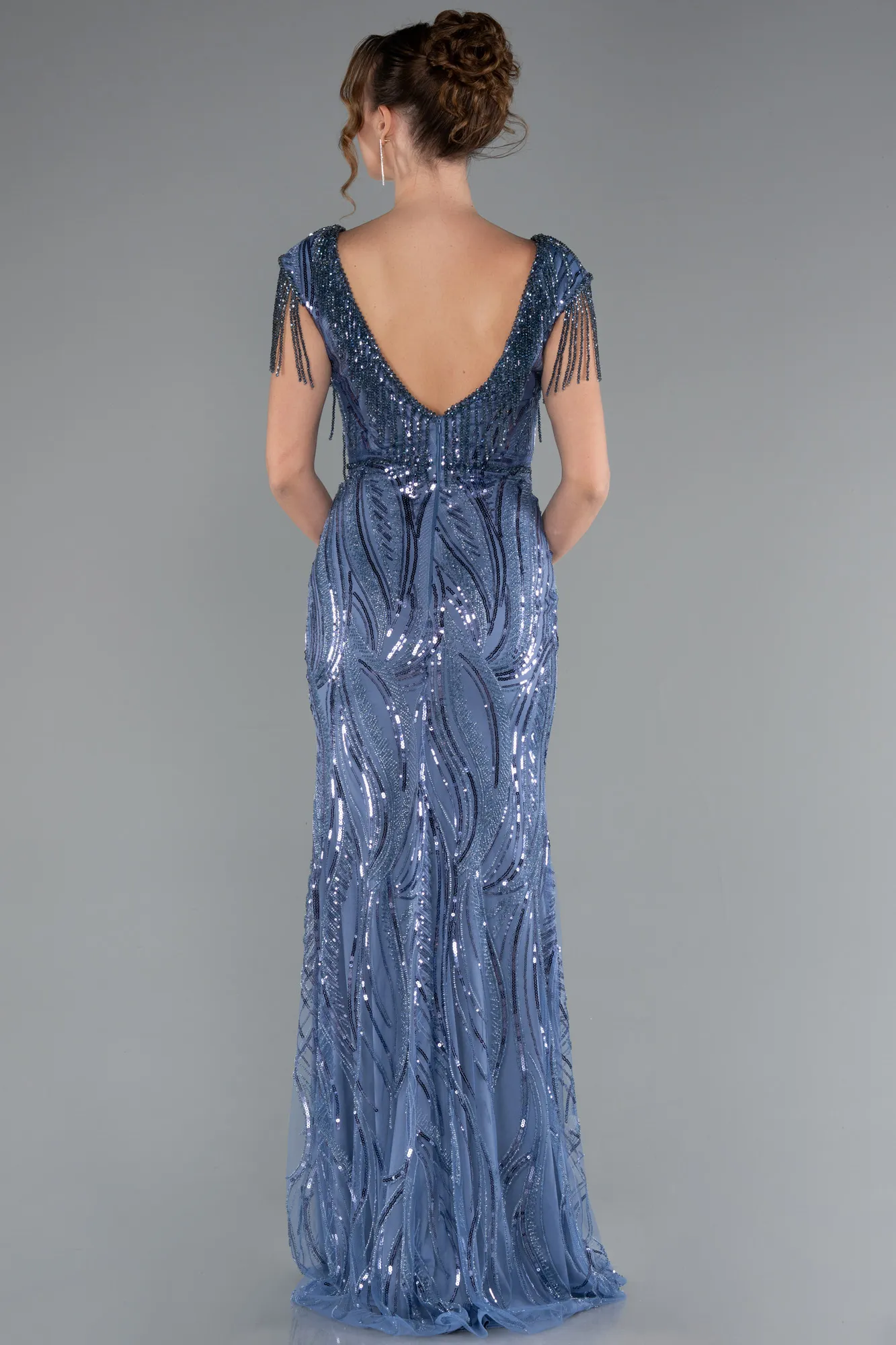 Indigo-Beaded Detailed V Neck Long Sequined Evening Gown ABU5576