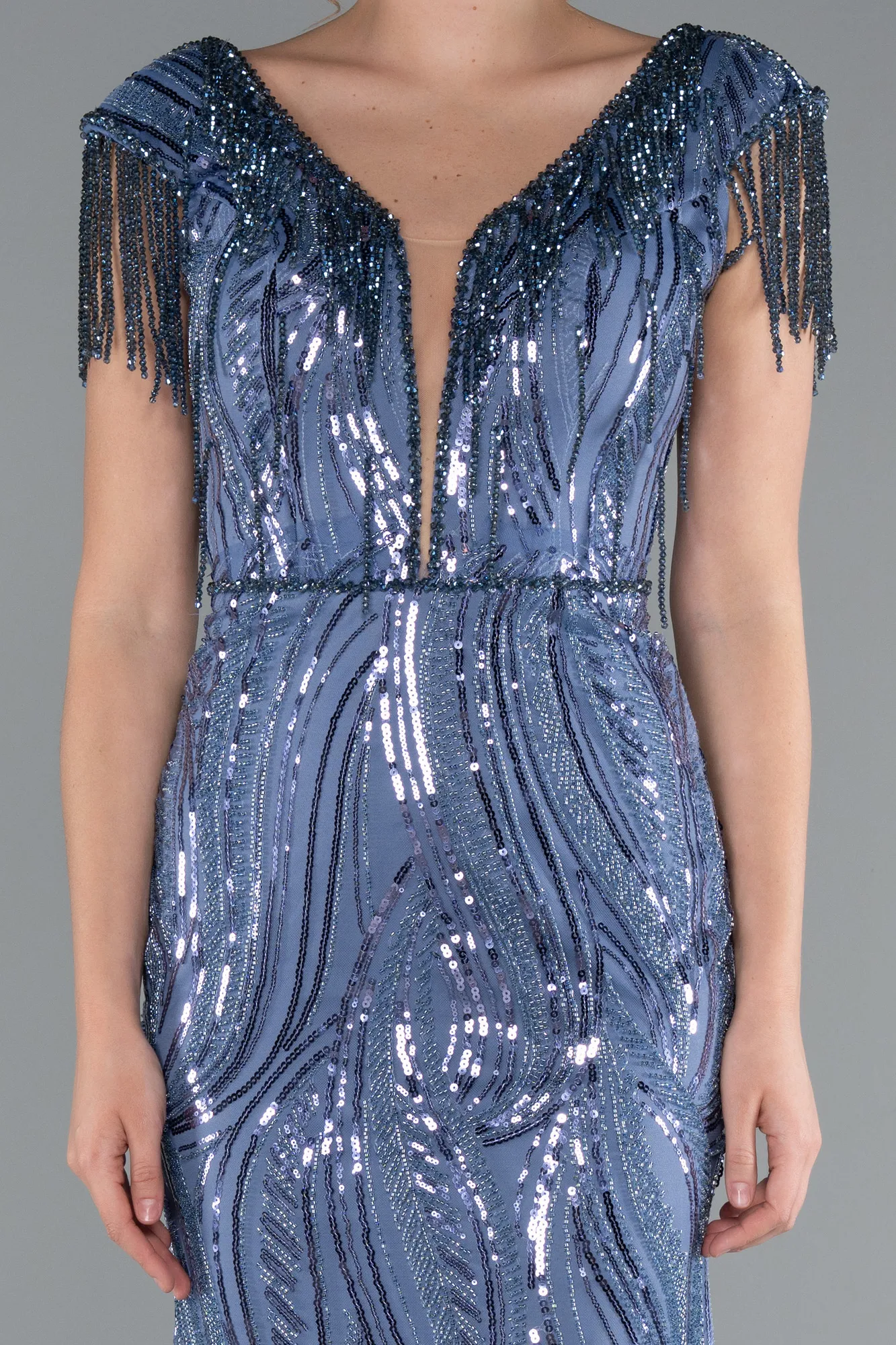 Indigo-Beaded Detailed V Neck Long Sequined Evening Gown ABU5576