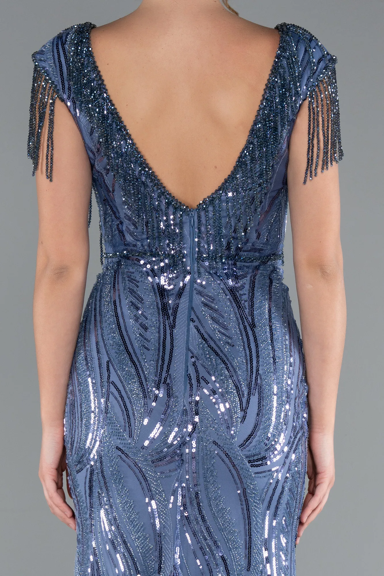Indigo-Beaded Detailed V Neck Long Sequined Evening Gown ABU5576