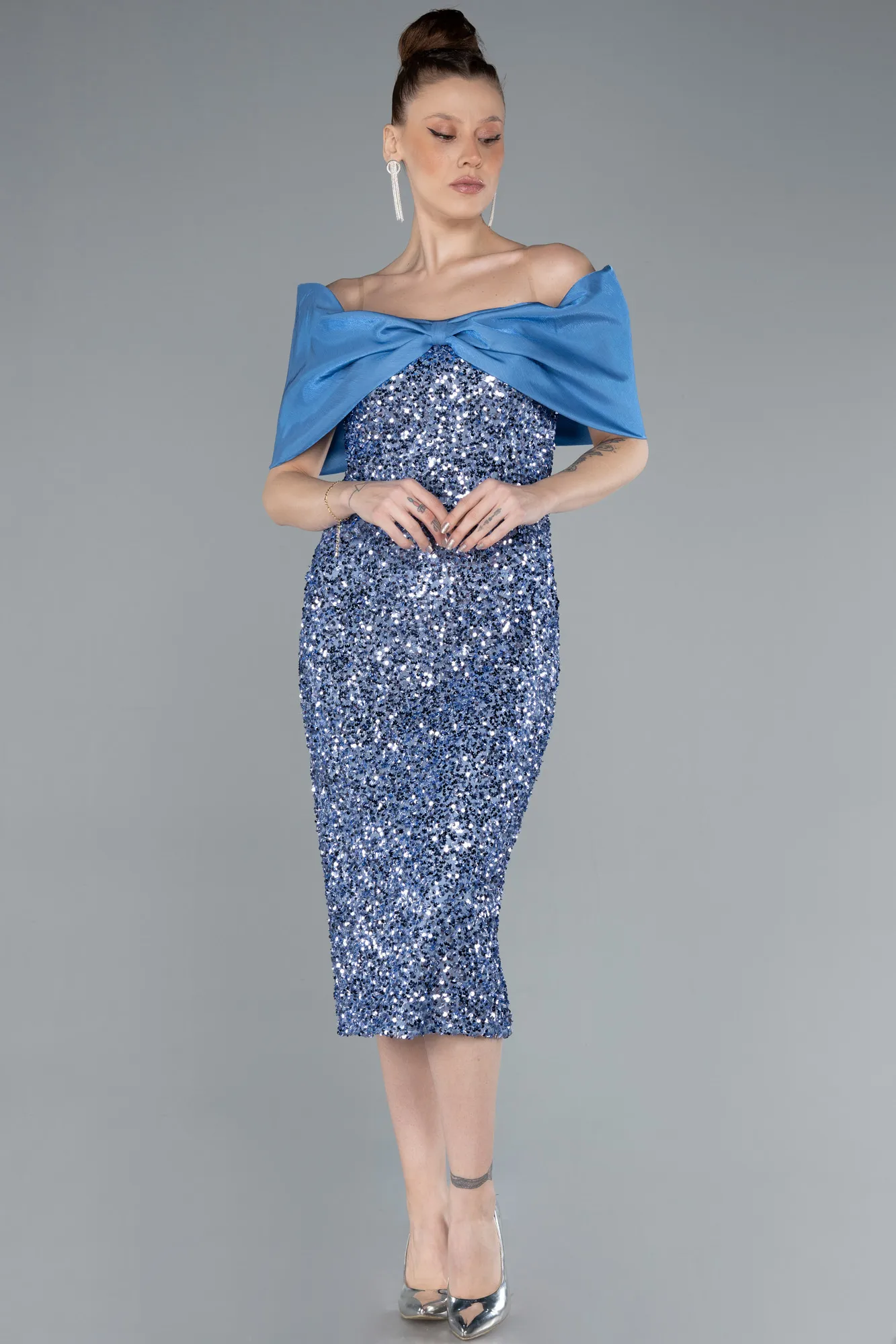 Indigo-Boat Neck Midi Sequined Cocktail Dress ABK2257