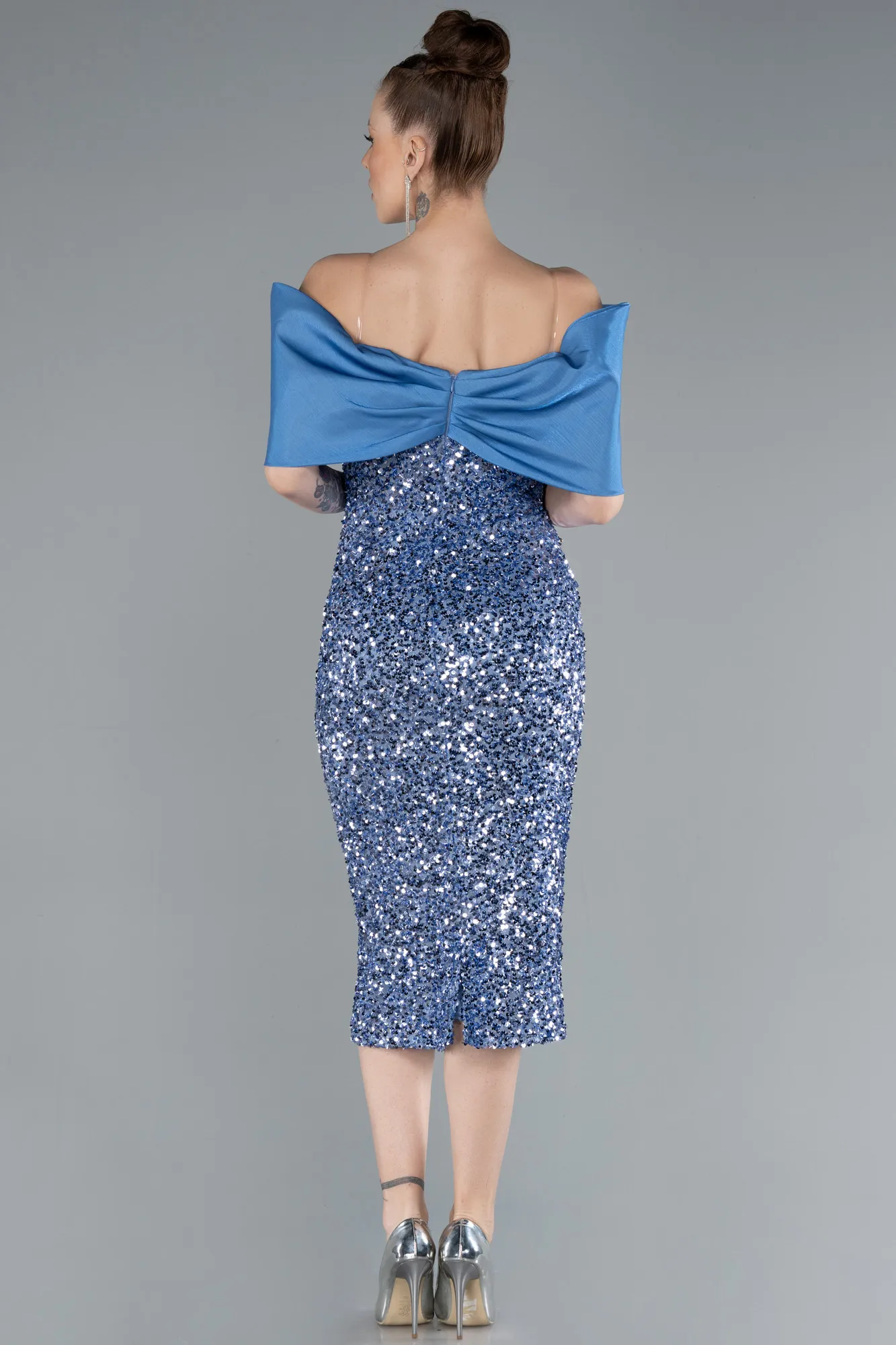 Indigo-Boat Neck Midi Sequined Cocktail Dress ABK2257