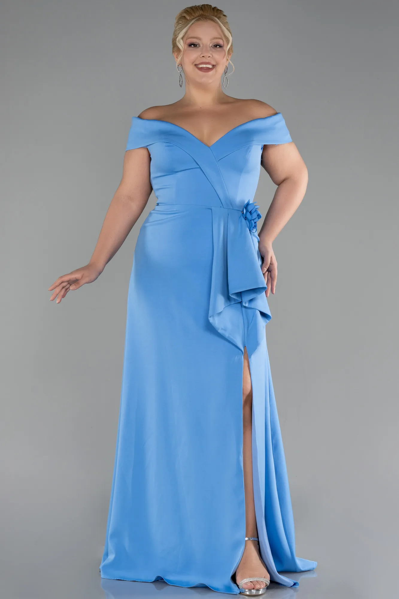 Indigo-Boat Neck Slit Long Plus Size Evening Dress ABU4200