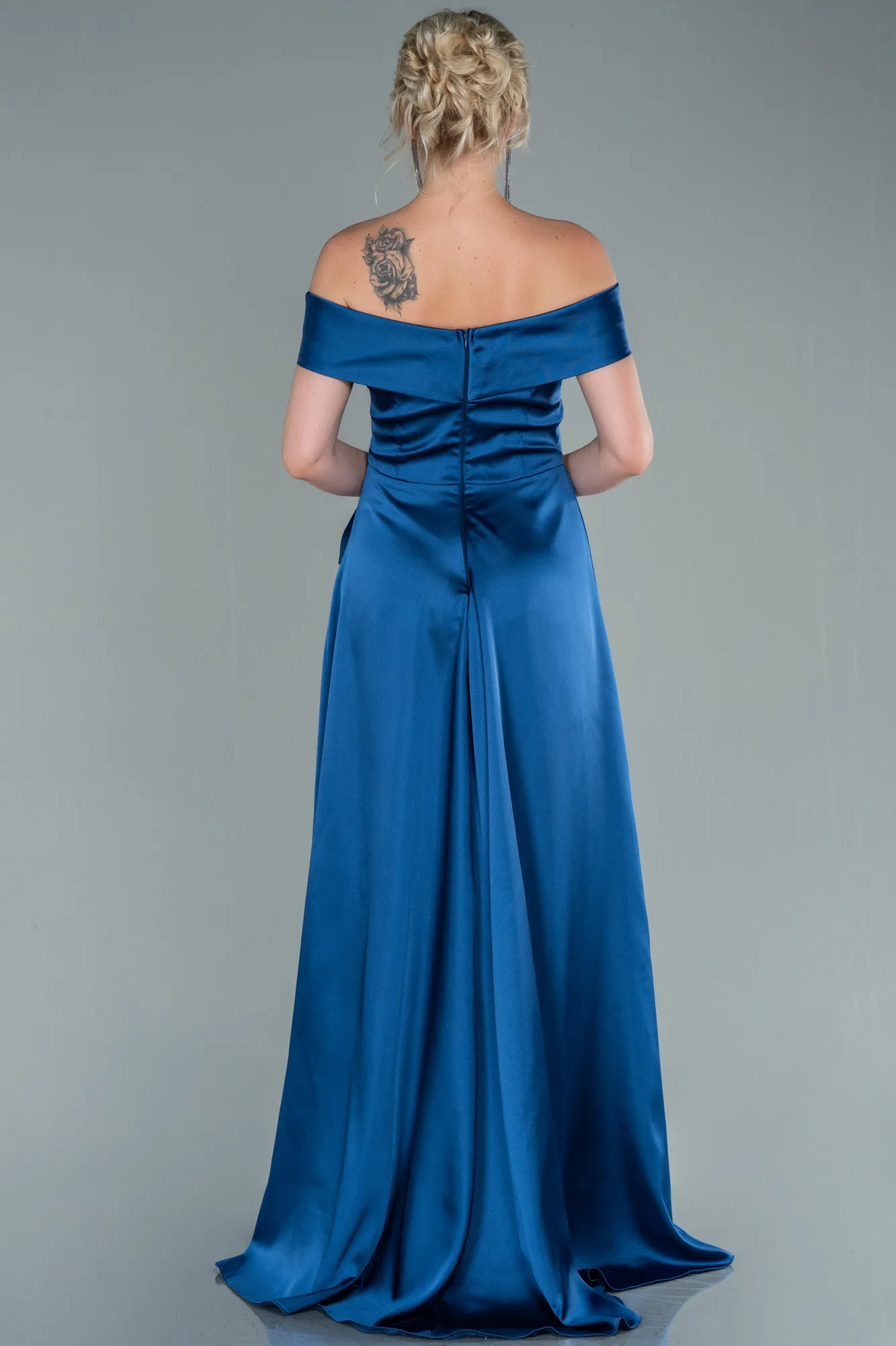 Indigo-Boat Neck Slit Long Satin Prom Dress ABU2486