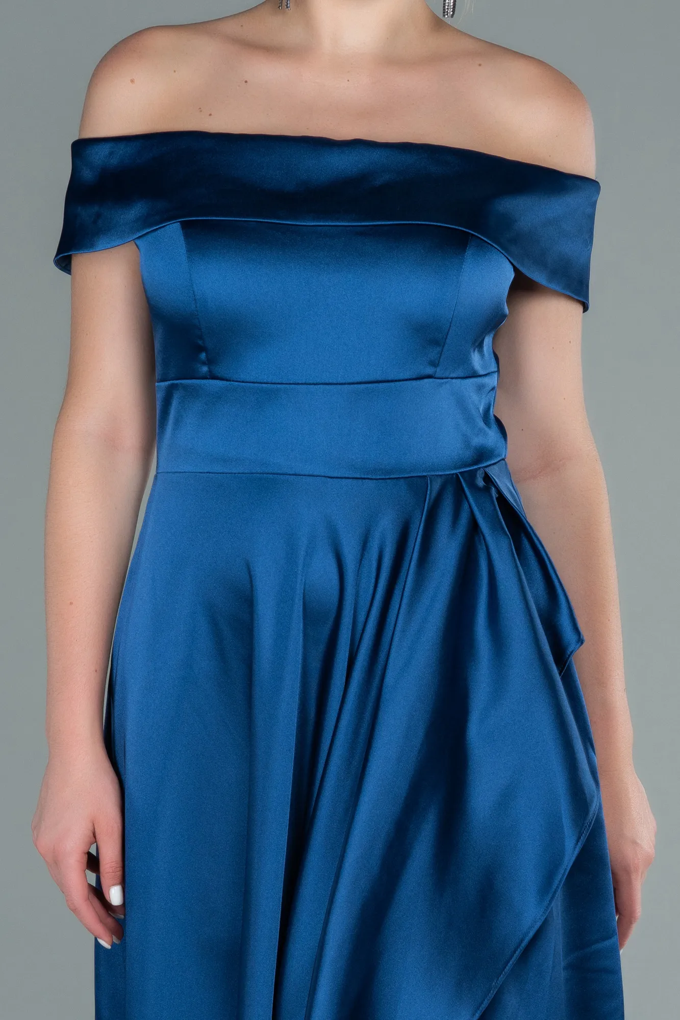 Indigo-Boat Neck Slit Long Satin Prom Dress ABU2486