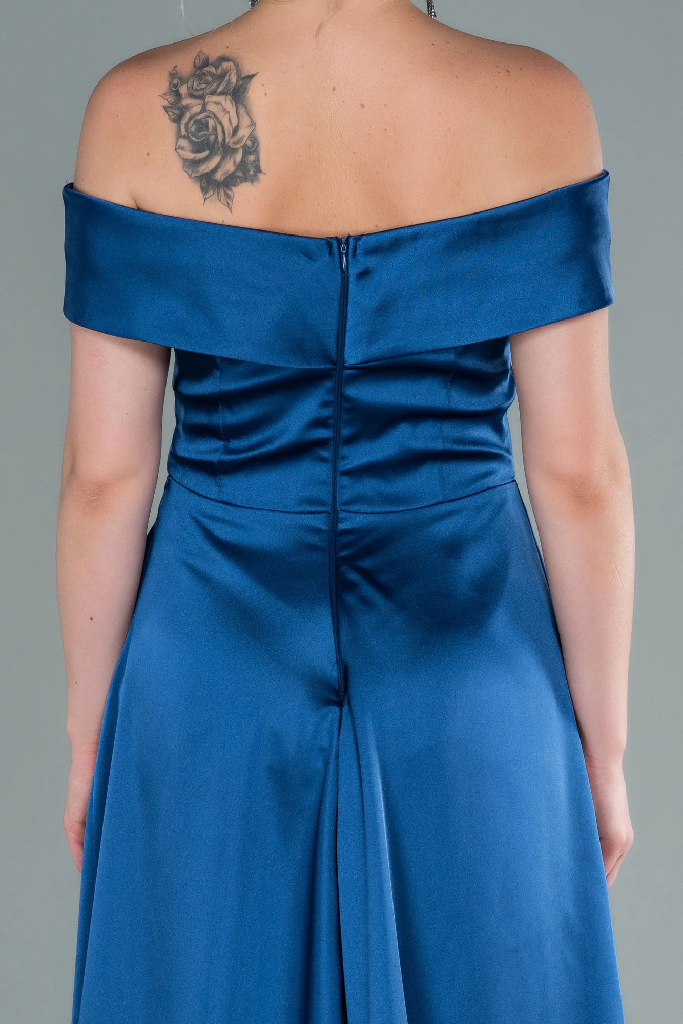 Indigo-Boat Neck Slit Long Satin Prom Dress ABU2486