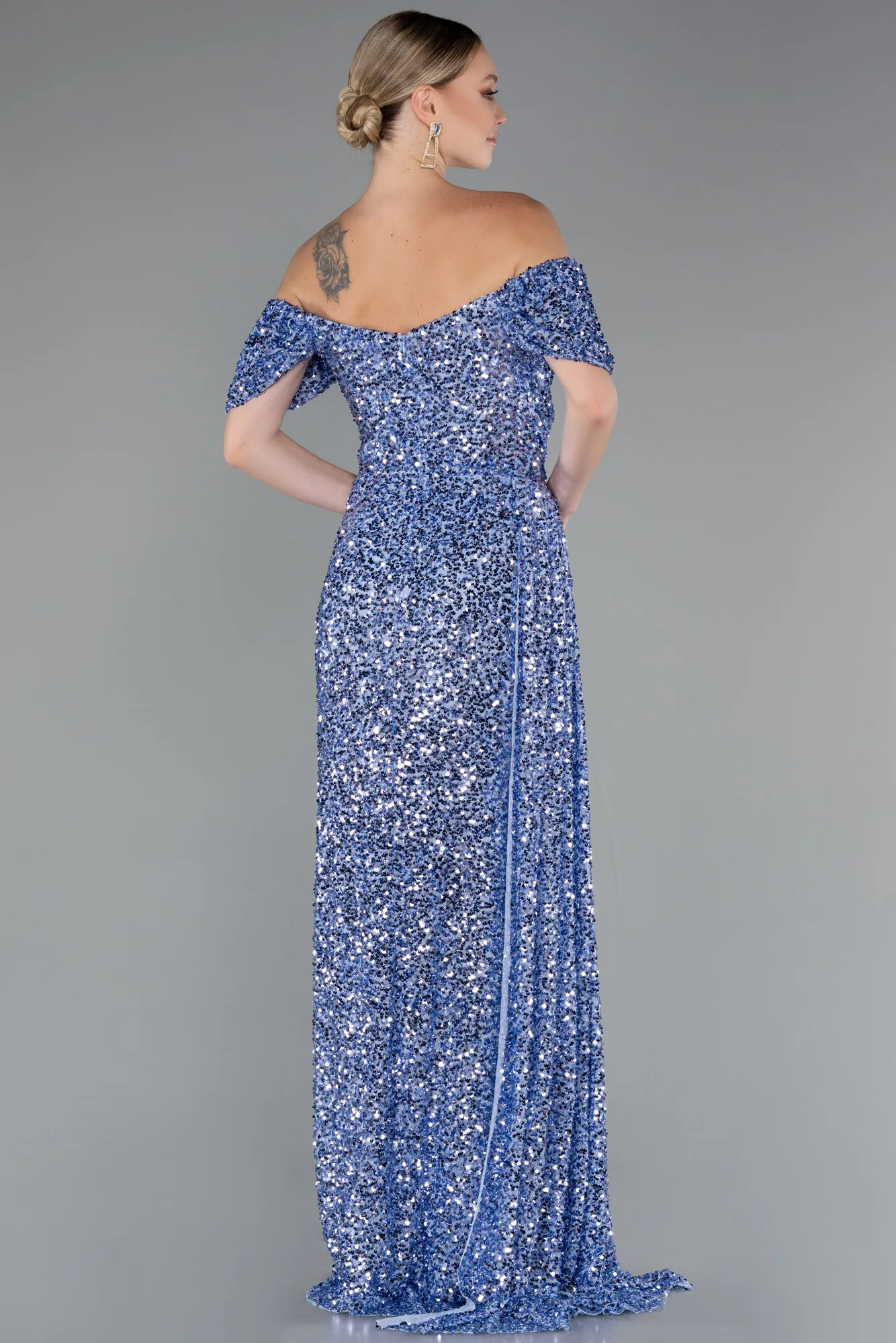 Indigo-Boat Neck Slit Long Sequin Evening Gown ABU4843