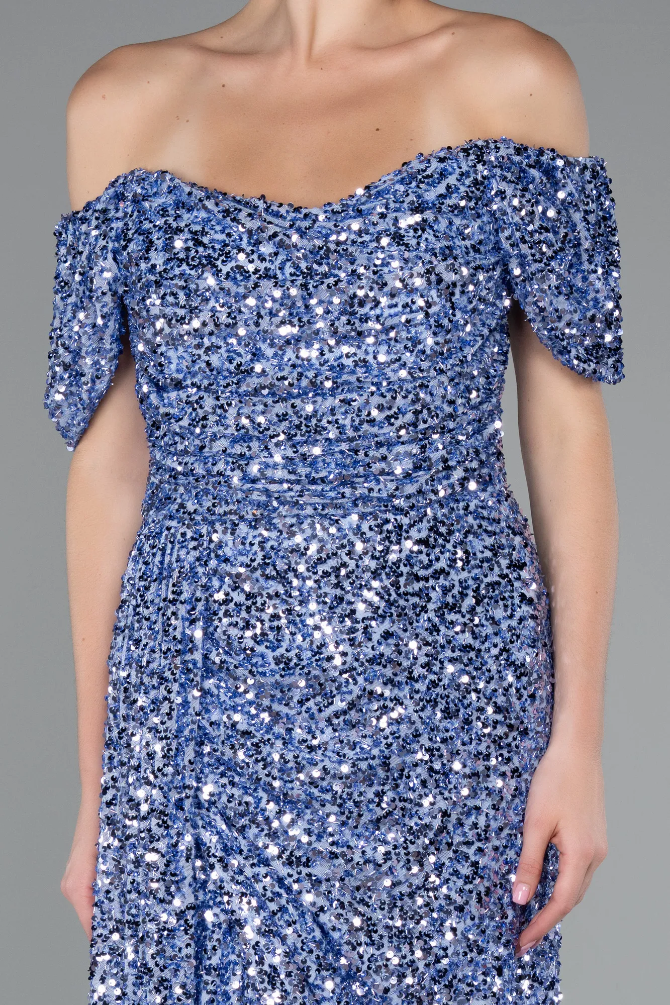 Indigo-Boat Neck Slit Long Sequin Evening Gown ABU4843