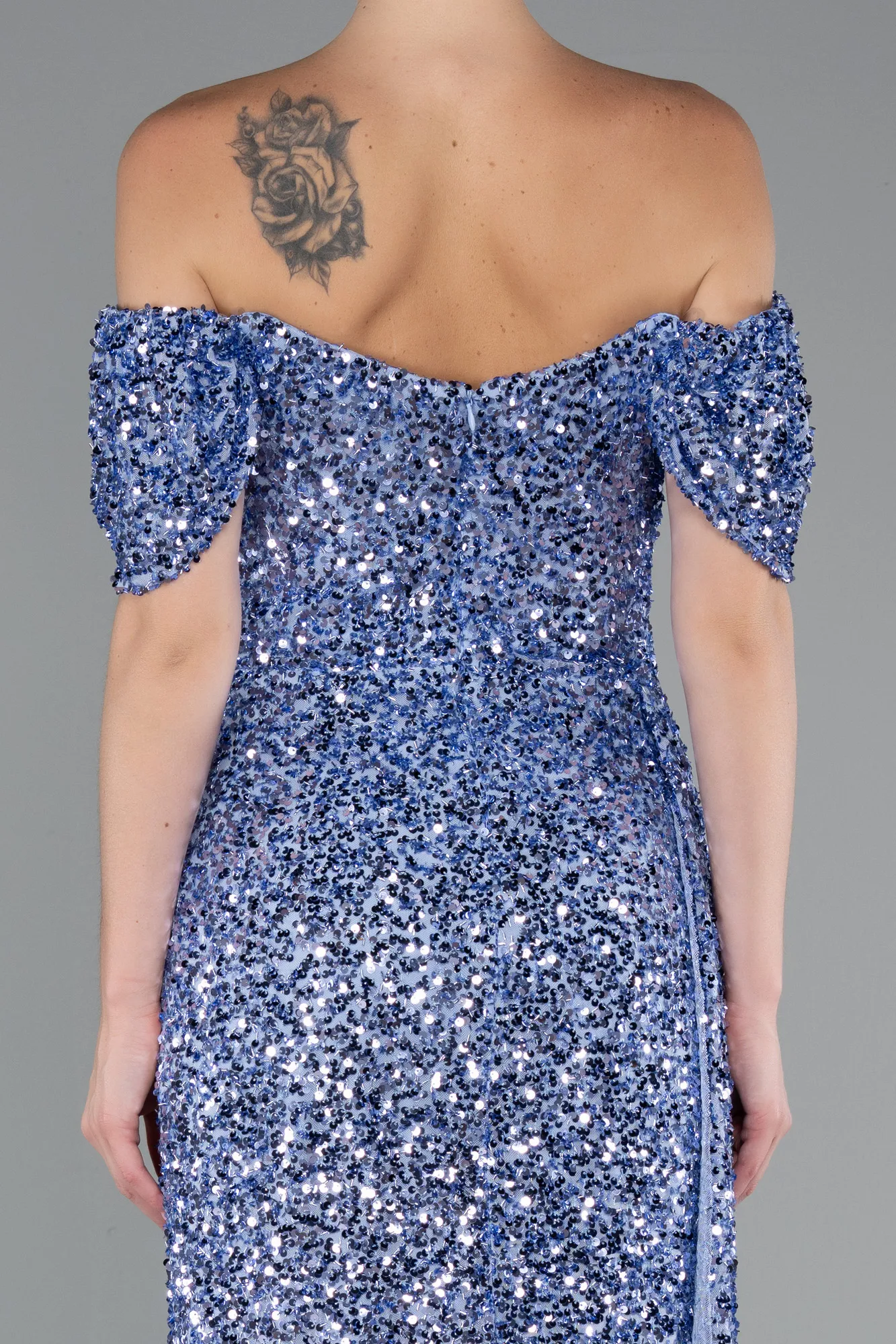 Indigo-Boat Neck Slit Long Sequin Evening Gown ABU4843