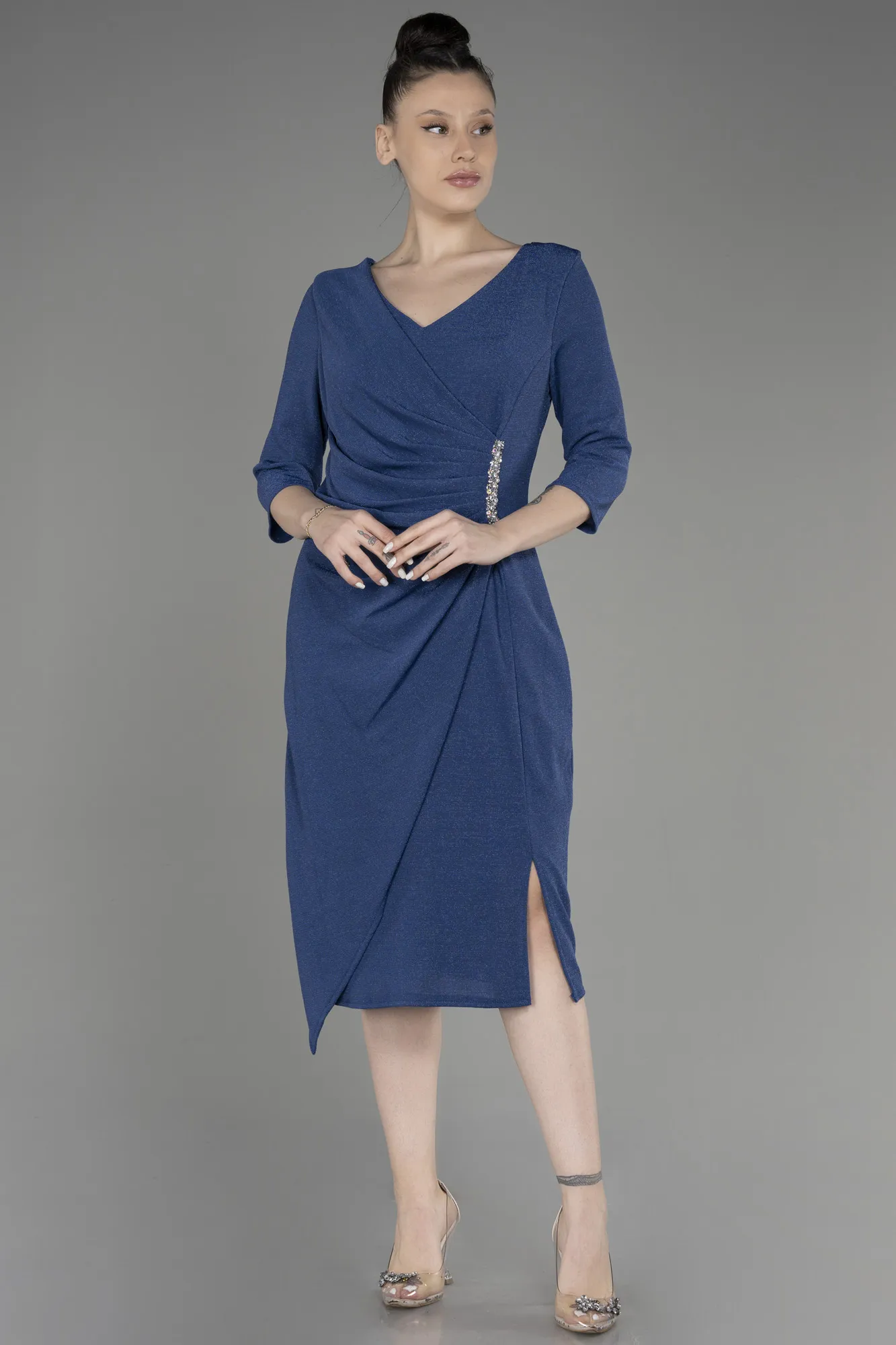 Indigo-Capri Sleeve Midi Plus Size Evening Dress ABK1950
