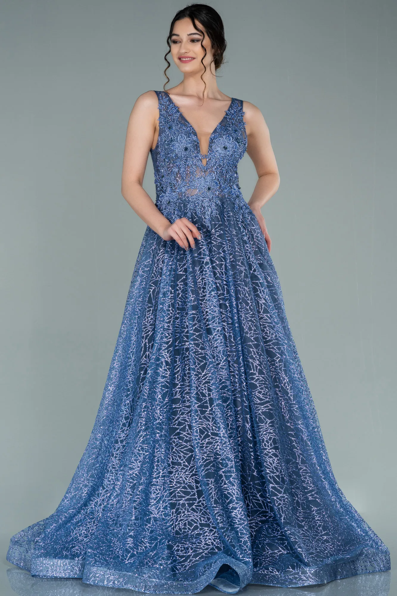 Indigo-Embroidered Bodice Dusty Rose Tulle Evening Gown ABU2131